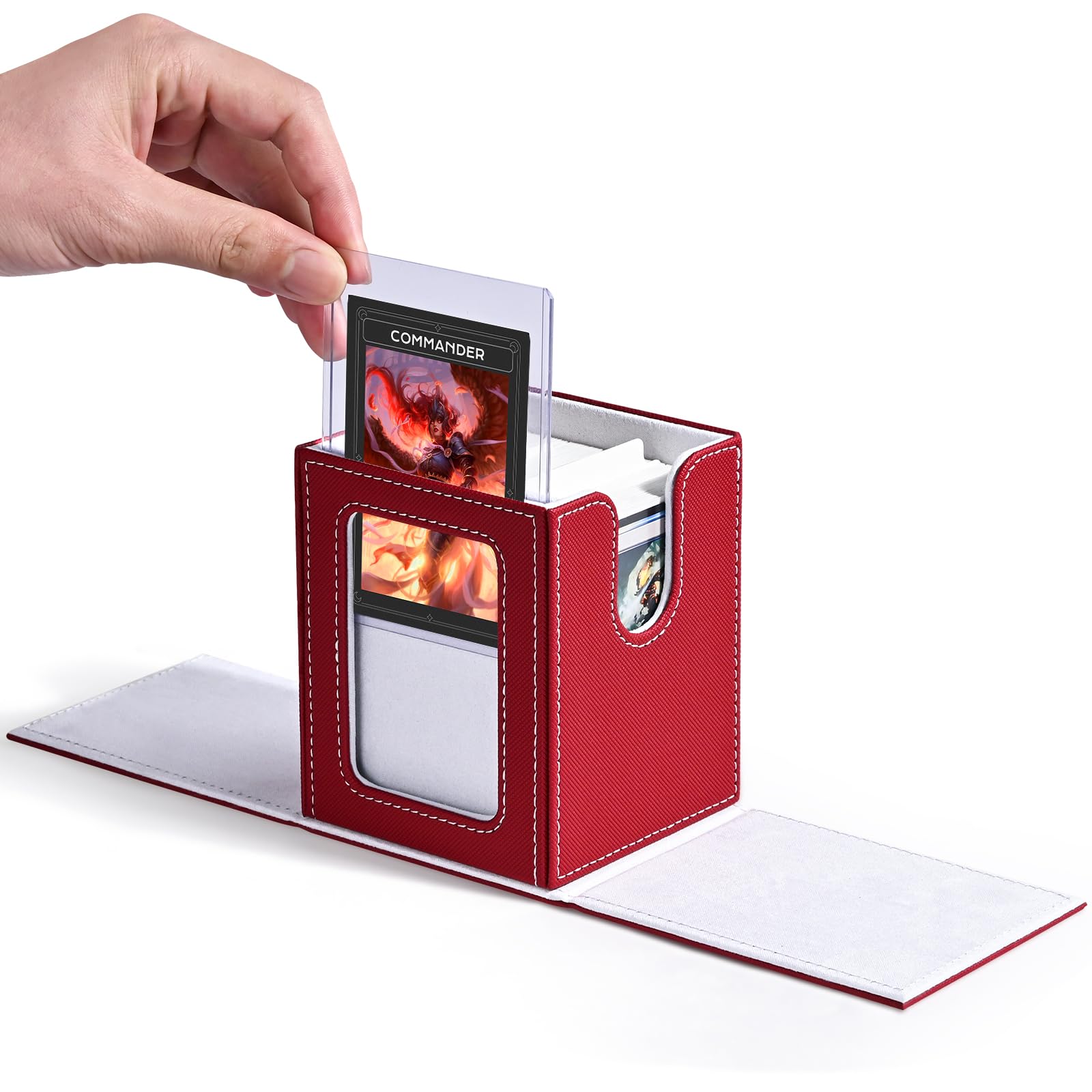 ZLCA MTG Deck Box with Commander Window Display, Trading Card Storage Box Holds 100 Double-Sleeved Cards Suitable for TCG/CCG/PTCG/EDH/Magic/Sport Cards (Red&amp;White)