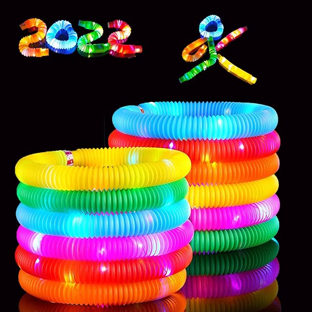Aionly Party Favors Pop Tubes Sensory Toys, Party Bag Fillers for Kids, Light Up Pull & Stretch Fidget Toys Pack Glow LED In The Dark Party Supplies Glow Sticks for Birthday Party, Concert (12 Pack)