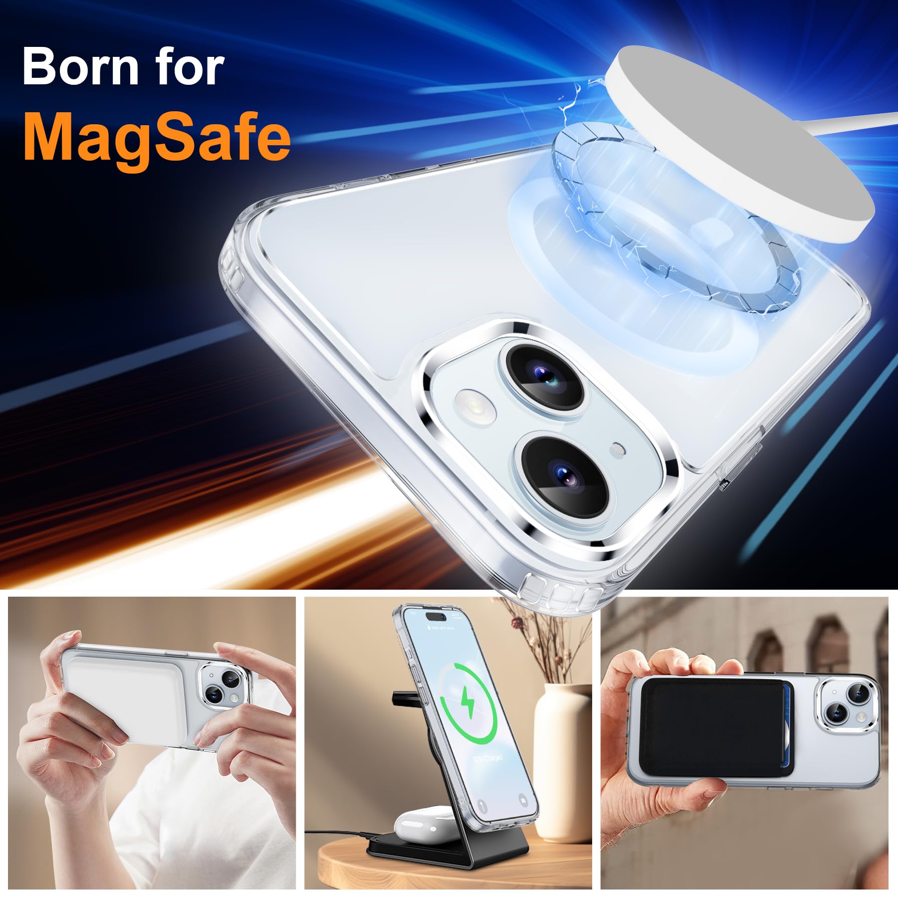 ORETECH Magnetica Opaca Cover per iPhone 15 Custodia iPhone 15 con 2 Pezzi Pellicola Protettiva in Vetro Temperato & 1 Pezzi Pellicola Fotocamera Antiurto Ultra Sottile Hard PC Cover-Trasparente