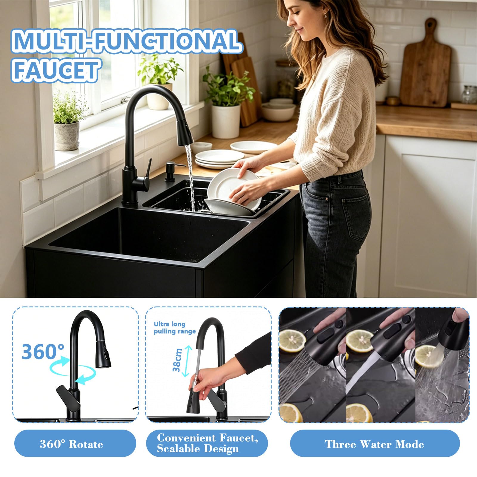 Spülenschrank mit Spüle und Armatur Edelstahl Gewerbliche Spültisch Doppelbecken Küchenspüle mit Entwässerungskorb und Abflusseinheit für Outdoor Küche und Camping Waschbecken (Schwarz, 81*43*85cm)