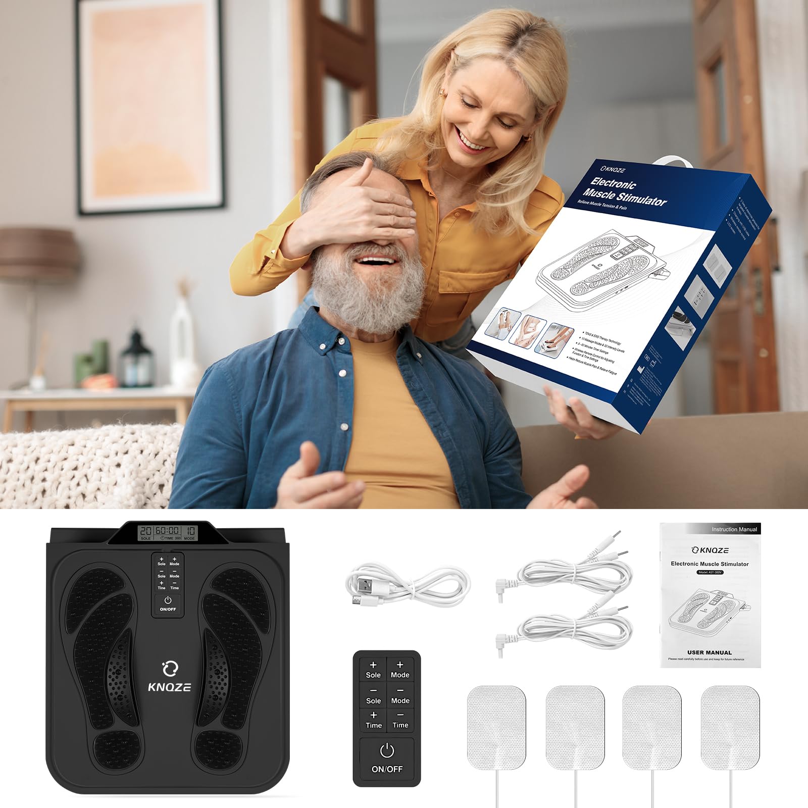 Massaggiatore plantare con stimolatore della circolazione sanguigna, EMS e TENS – Massaggiatore plantare elettrico con 10 modalità, 20 livelli di intensità e 4 elettrodi per alleviare il dolore