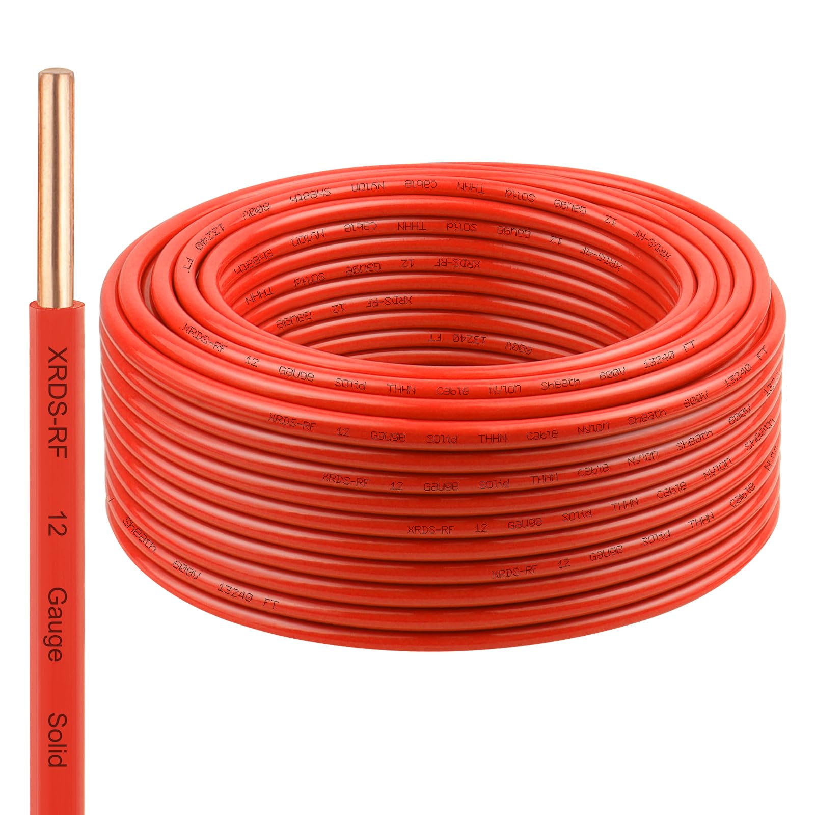 THHN Wire 100 FT, Single Bare Copper Conductor, 12AWG Red Electrical Wire, Solid Building Wire 600V Nylon Sheath Cable for Indoor/Outdoor Applications