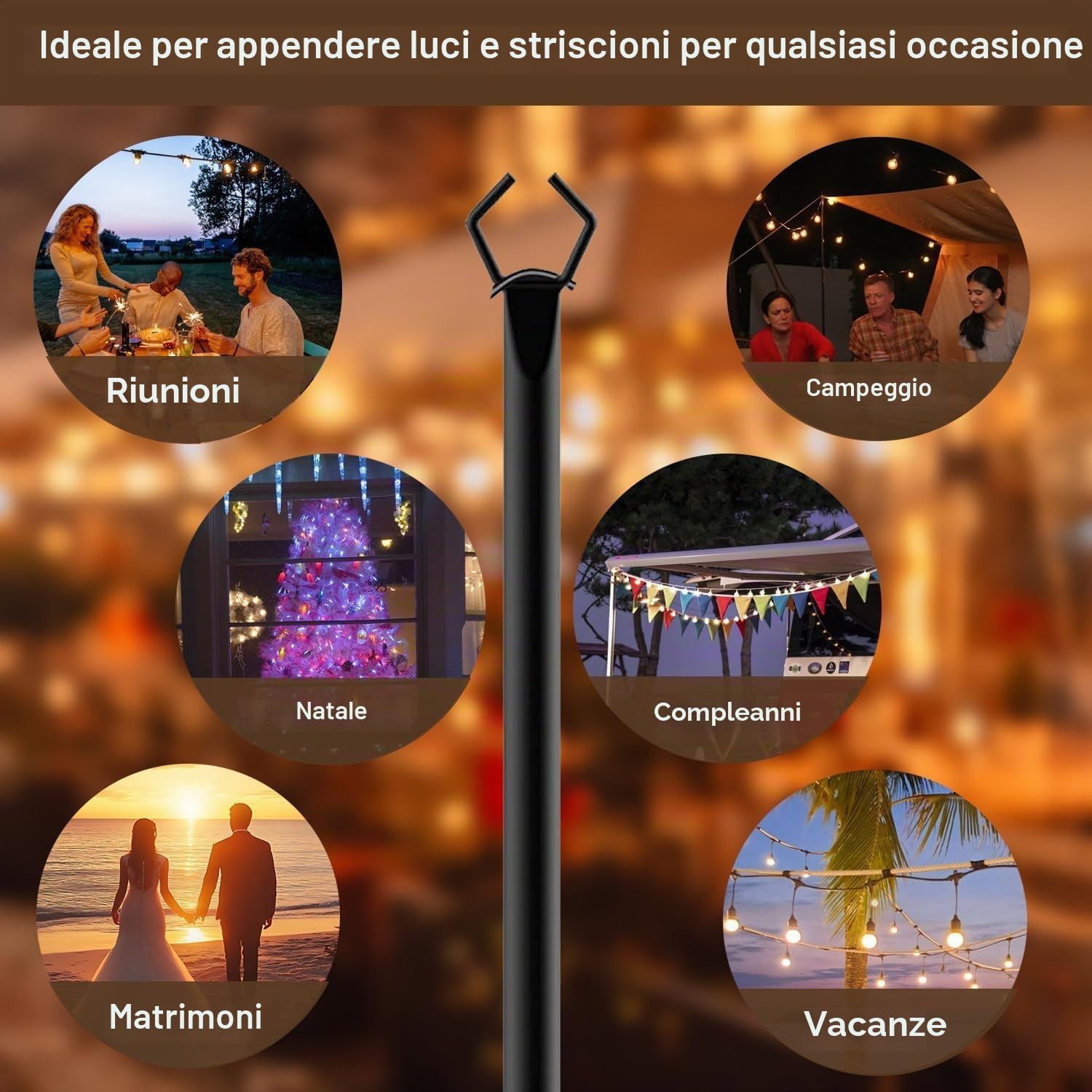 6 pezzi pali per luci a filo 3M per esterni, pali in metallici con forcella, per patio, pergola, giardino, cortile
