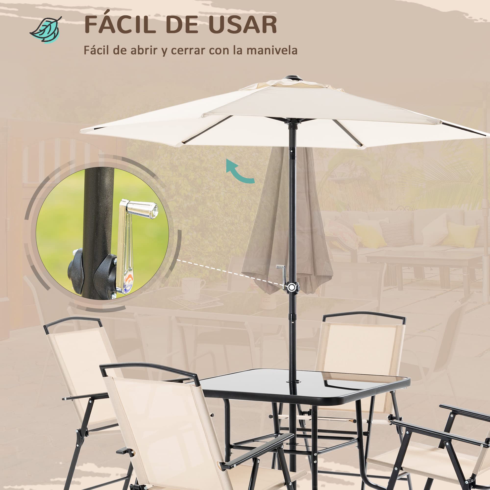 Outsunny Conjunto de Muebles de Jardín con 4 Sillas Plegables Mesa de Comedor de Vidrio y Sombrilla Inclinable Protección del Sol para Patio Terraza Exterior 80x80x70 cm Beige