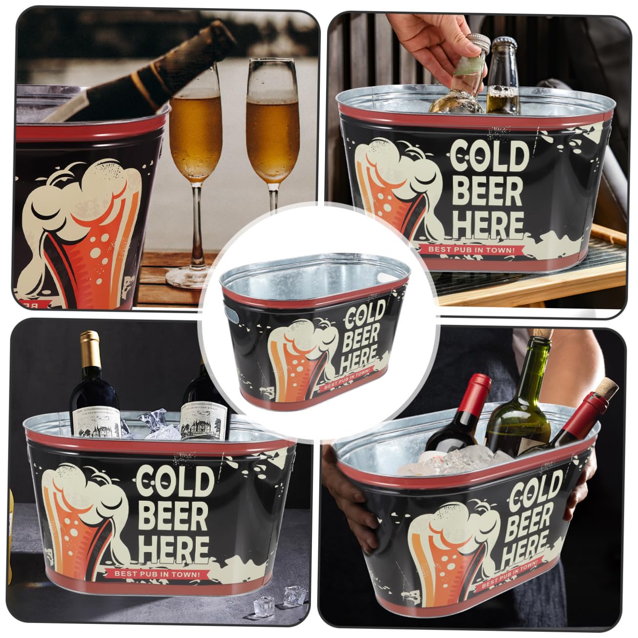 Cubo de Hielo de Metal con Asa, Cubo de Hielo Ovalado sin Rebabas, Compacto y Resistente para Enfriar Bebidas en Camping y Barbacoas