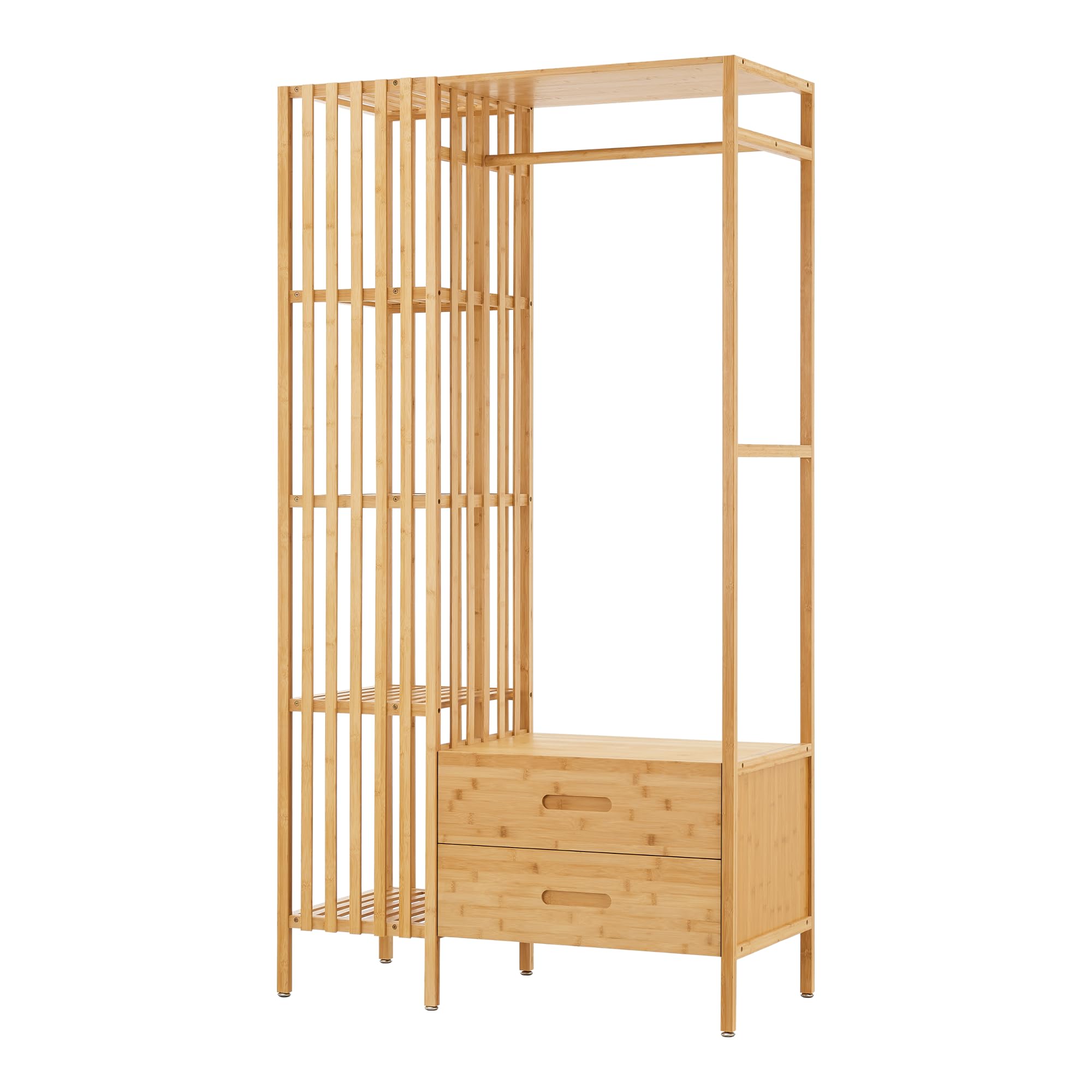 [en.casa] Perchero Burro con 2 Cajones y 4 Estantes Laterales de Rejilla Soporte de Ropa 185x100x45 cm Estilo Moderno Óptima Ventilación para Dormitorio Recibidor Oficina Bambú - Natural