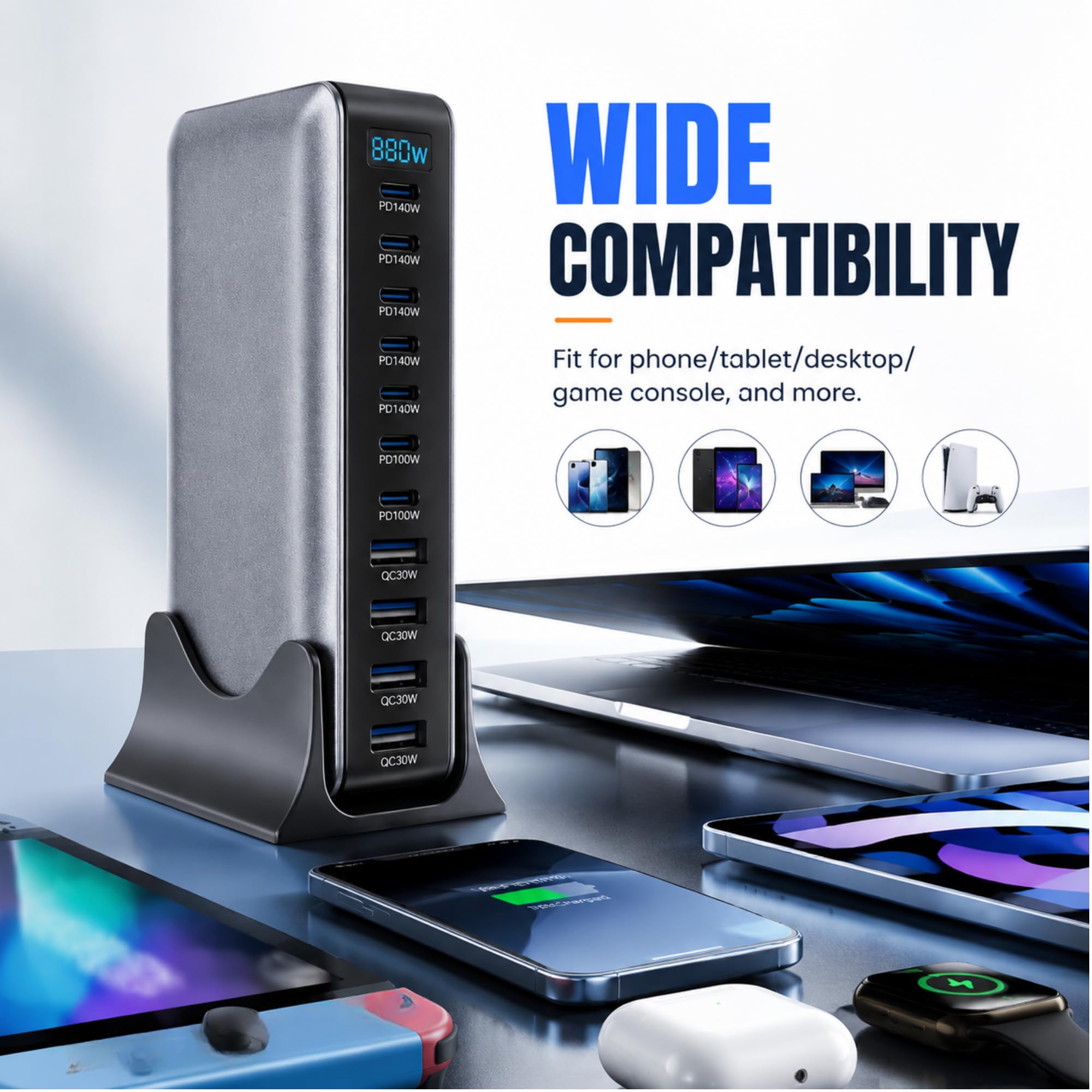 880W USB C ładowarka GaN III Pro 10-portowa ładowarka USB, 140Wx4 100Wx2 PD szybka ładowarka kompatybilna z/komputerem stacjonarnym/laptopami/telefonem (wtyczka europejska)