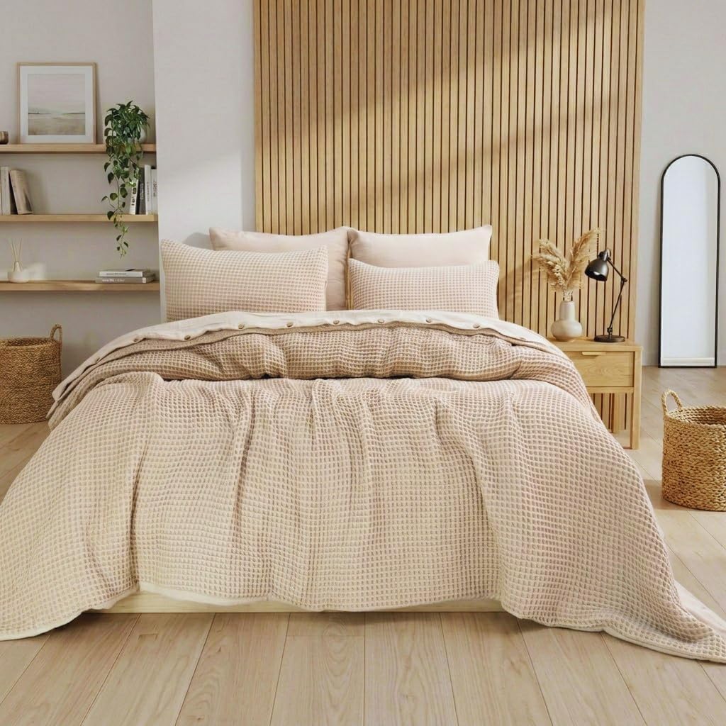 Waffle Weave Duvet Cover Set with Button Closure – 100% Cotton Textured Bedding, Breathable & Lightweight, Includes Pillow Shams (Beige, King 102″x90″)