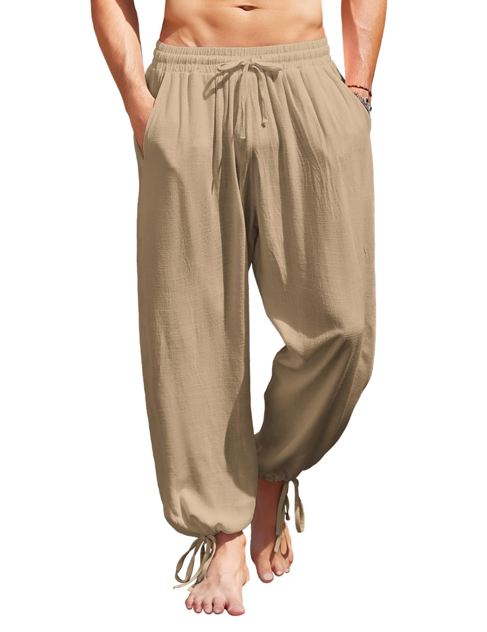 COOFANDY Men's Cotton Linen Casual Pants Elastic Waist Harem Beach Trousers