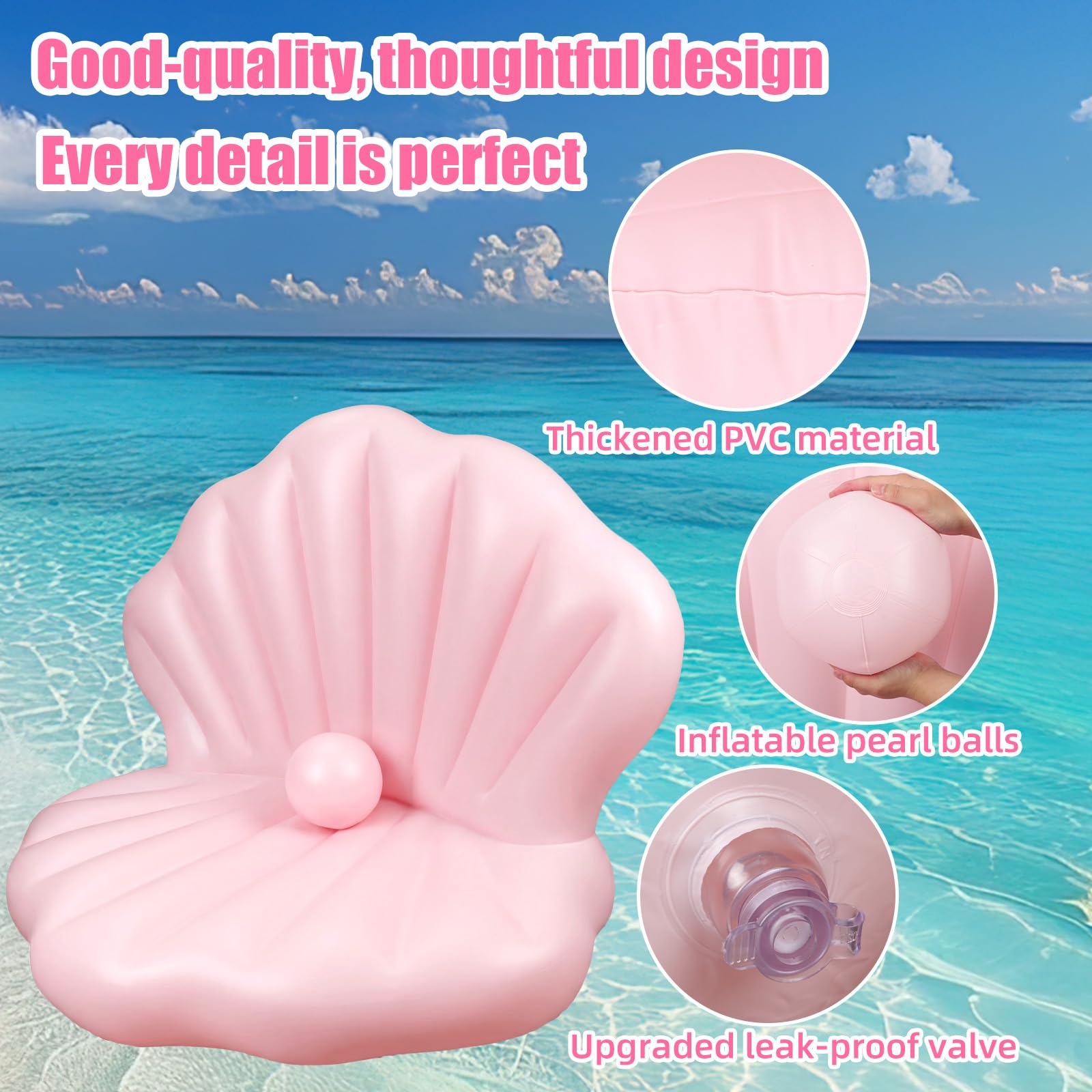 BOXOB Bouée Piscine Coquillage 144cm, Bouée Plage Géante Gonflable Renforcée en Forme Coquillage avec Boule Perle pour Bronzer Enterrement Vie Jeune Fille Décoration Fête Piscine (Rose)