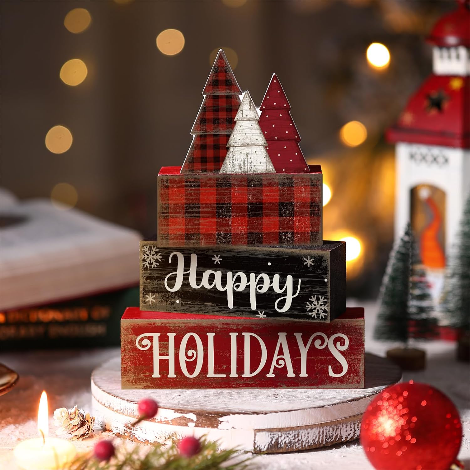 moucuny 4 pcs christmas table decor wooden tree decoration christmas centerpiece winter tiered tray decor decorative red and black buffalo plaid block signs gift farmhouse xmas decoration for kitchen
