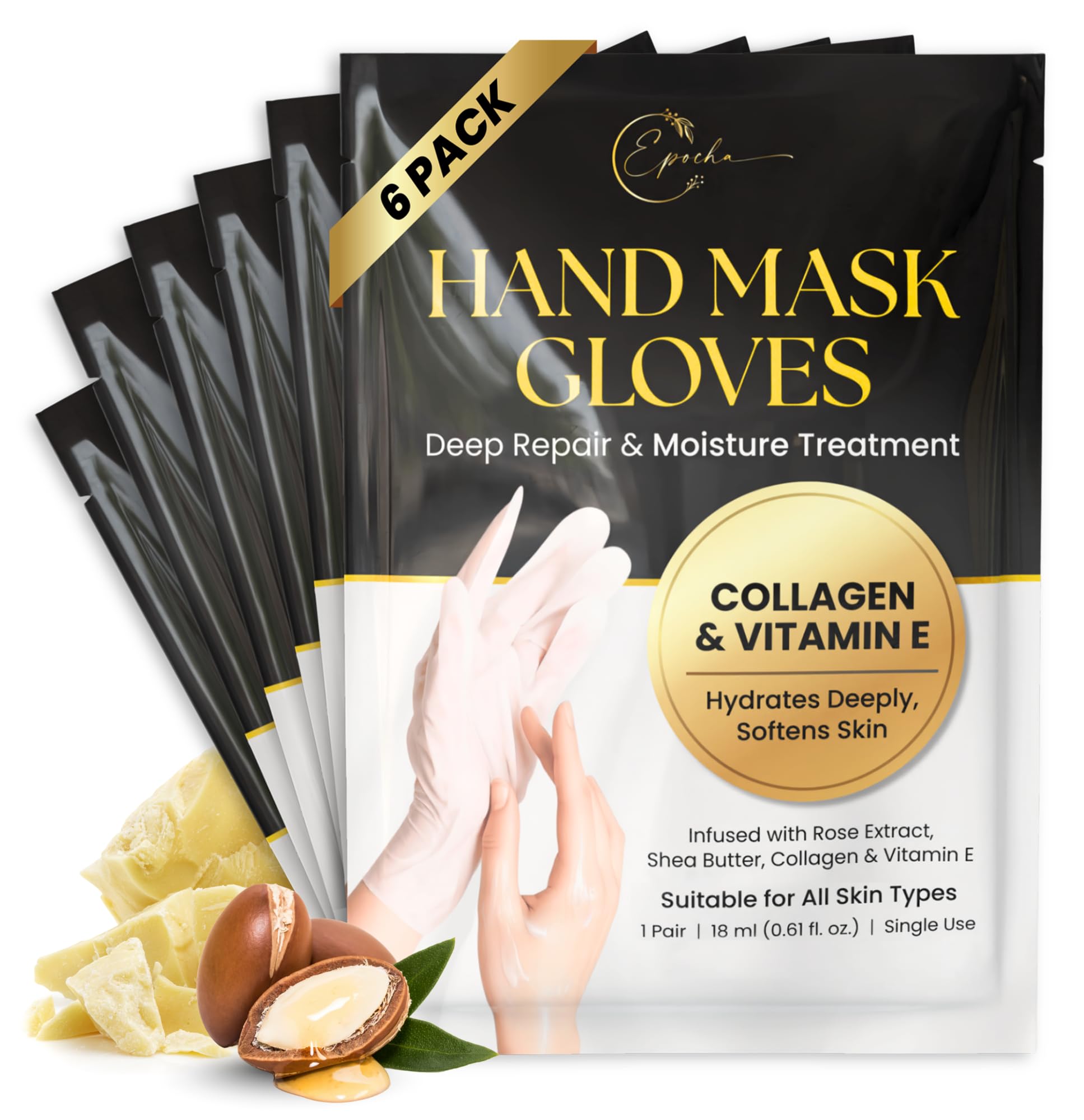 Epocha Handmaske für trockene, rissige Hände, 6 Paar – Peeling-Behandlung mit Sheabutter zum Entfernen abgestorbener Haut | Handfeuchtigkeitsspendende Handschuhe zur Hautentlastung, weiche und glatte
