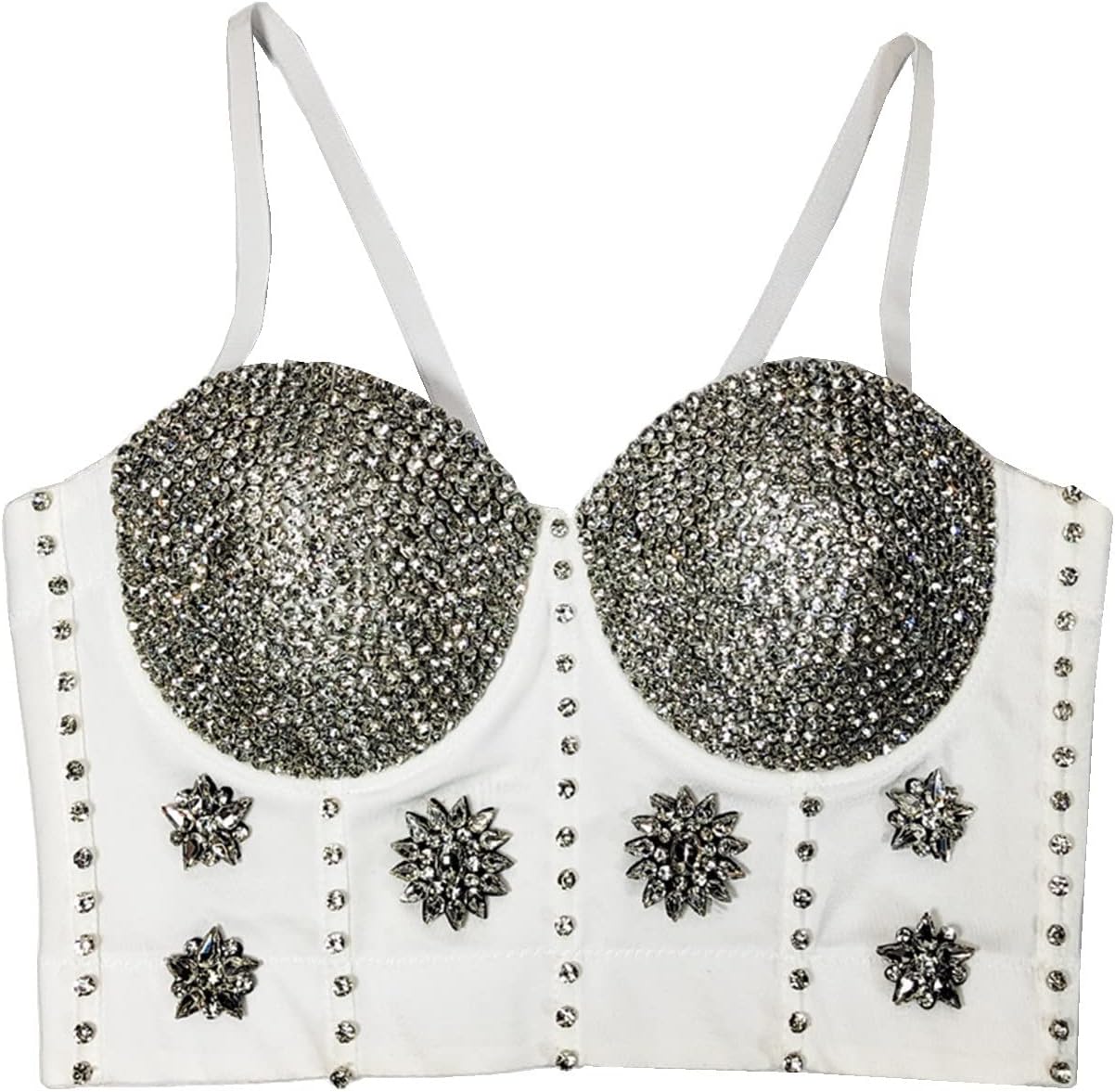 Rhinestone Corset Tops Women Mesh Push Up Bustier Bra Sexy Backless Nightclub Camisole Party Tank Top Costumes (Color : Black, Size : M(36B))