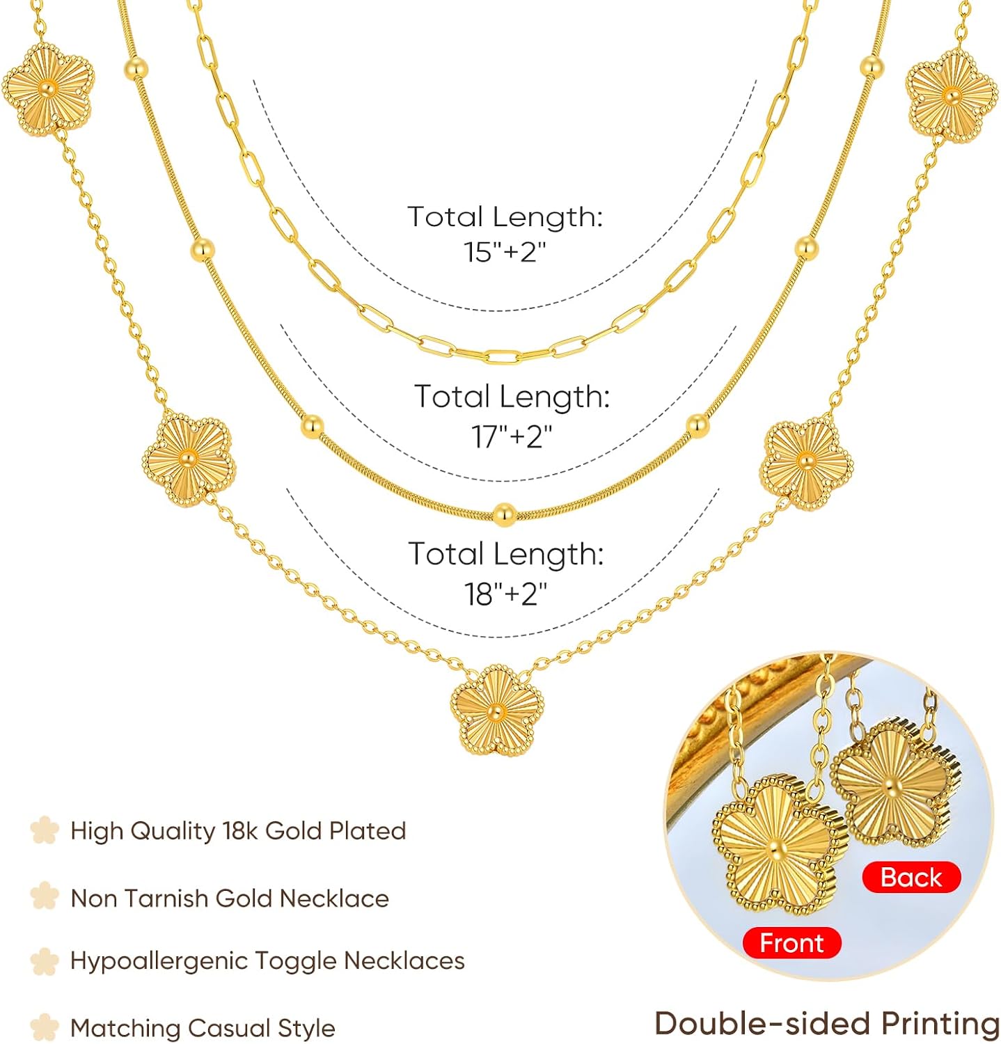 MPRAINBOW Gold Layered Necklace for Women - 3Pcs 18K Gold Plated Floral Necklaces, Stainless Steel Stackable Cuban Link Chain Non Tarnish Trendy Jewelry, Herringbone Chains Christmas Birthday Gift