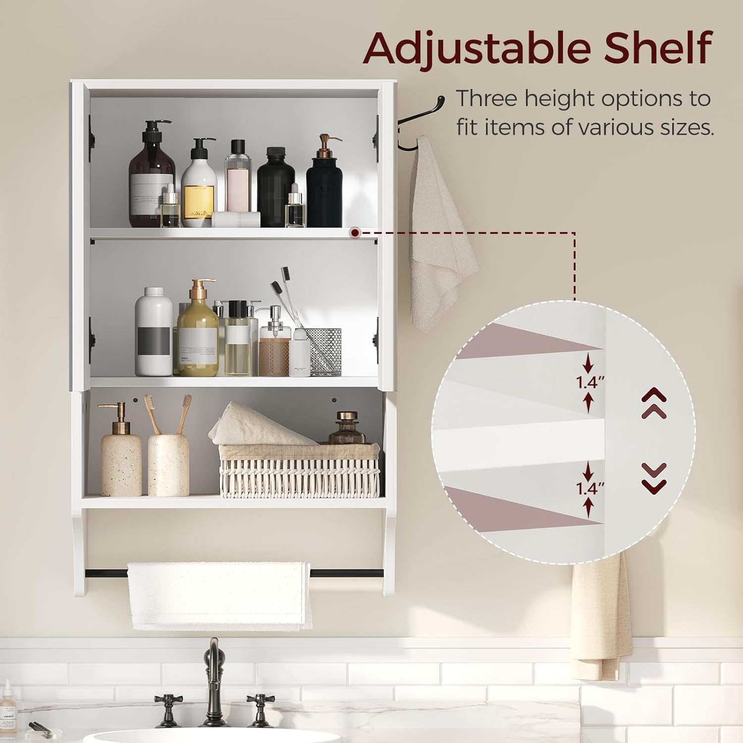 Bathroom Wall Cabinet with Mirror, Medicine Cabinet with 2 Door and Adjustable Shelf, Wall Mounted Over The Toilet Storage Cabinet with Towel Bar for Bathroom Laundry Room Kitchen, White