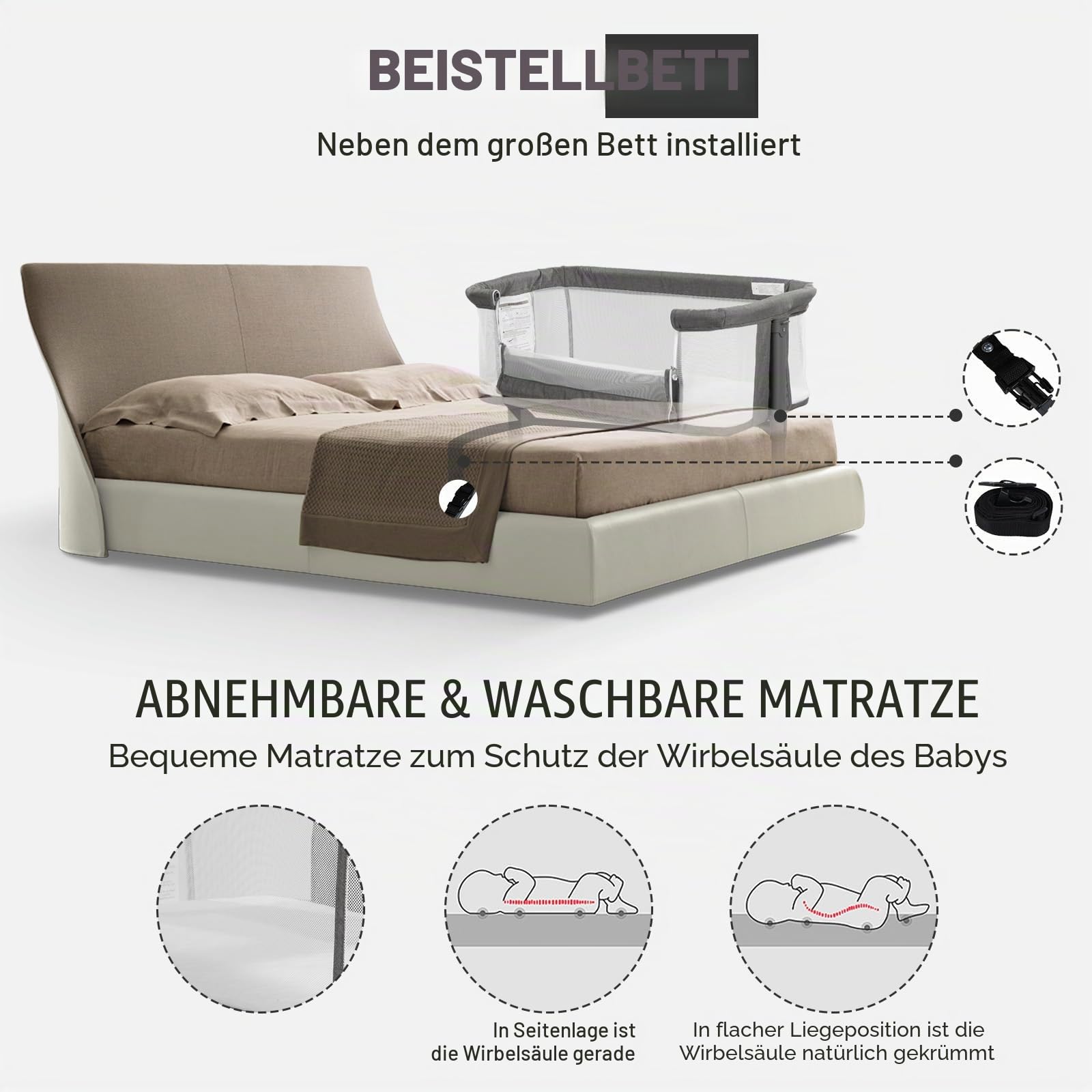 3 in 1 Babybett, Baby Wiege, Baby Stubenwagen, Babybettchen, Beistellbett, Reisebett Tragbares Kinderbett (grau)