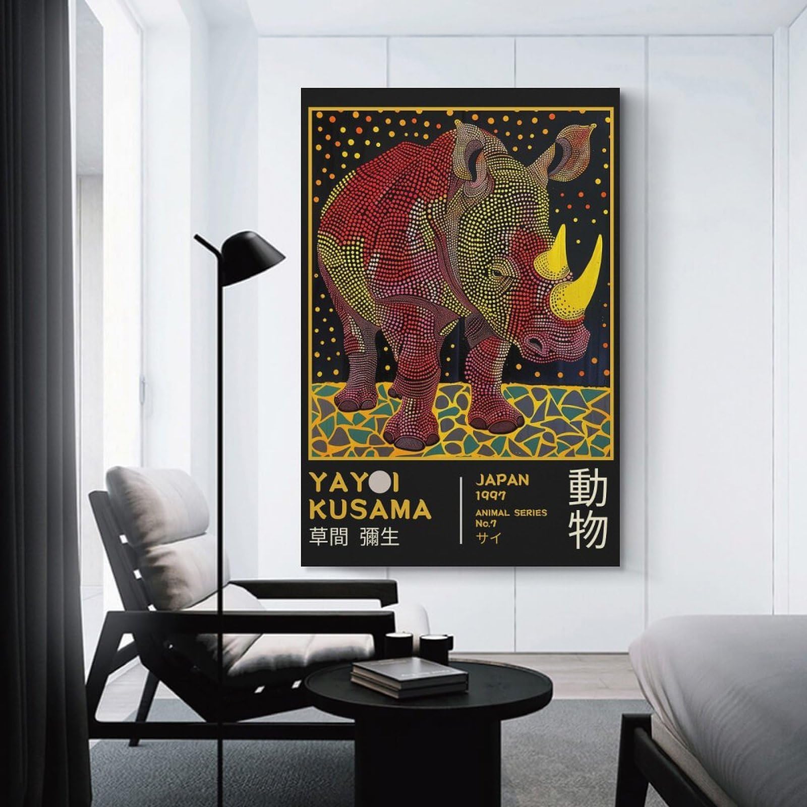 Junmoney Yayoi Kusama Rhino No.7 Exhibition Poster Wall Picture Print, 12x18inch(30x45cm), for New Homes, Bedrooms Or Workspaces, Thoughtful Wall Decor for Art Lovers