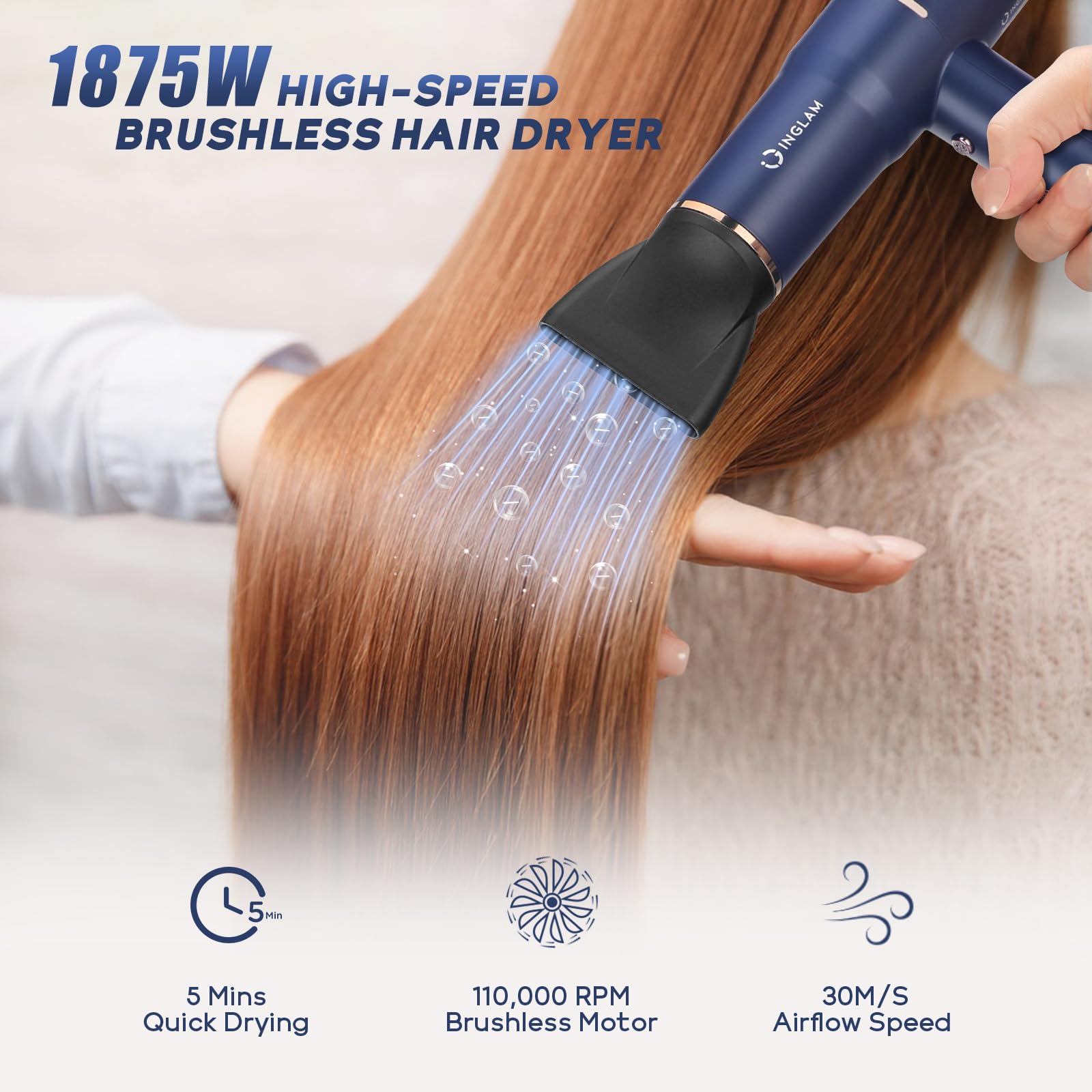 Secador de pelo difusor, secadora profesional de 110,000 rpm, motor sin escobillas de alta velocidad, iones negativos, bajo ruido, 3 ajustes de calor y 3 ajustes de velocidad y frío 3