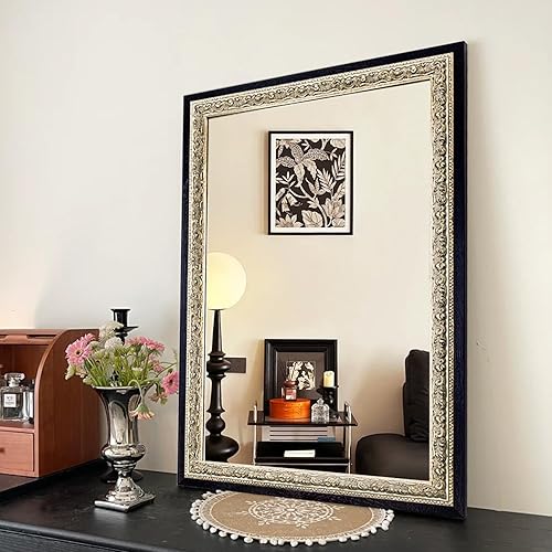 Espejo vintage para decoración de pared, 36 x 24 pulgadas, espejo decorativo negro con marco de madera para sala de estar, tallas de lámina