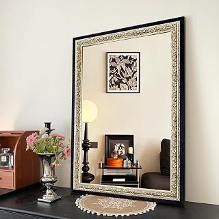 Vintage Mirror Wall Decor 36"x24", Black Decorative Mirror with Wooden Frame for Living Room, Ornate Handmade Aging Silver Foil Carvings, Entryway or Bedroom