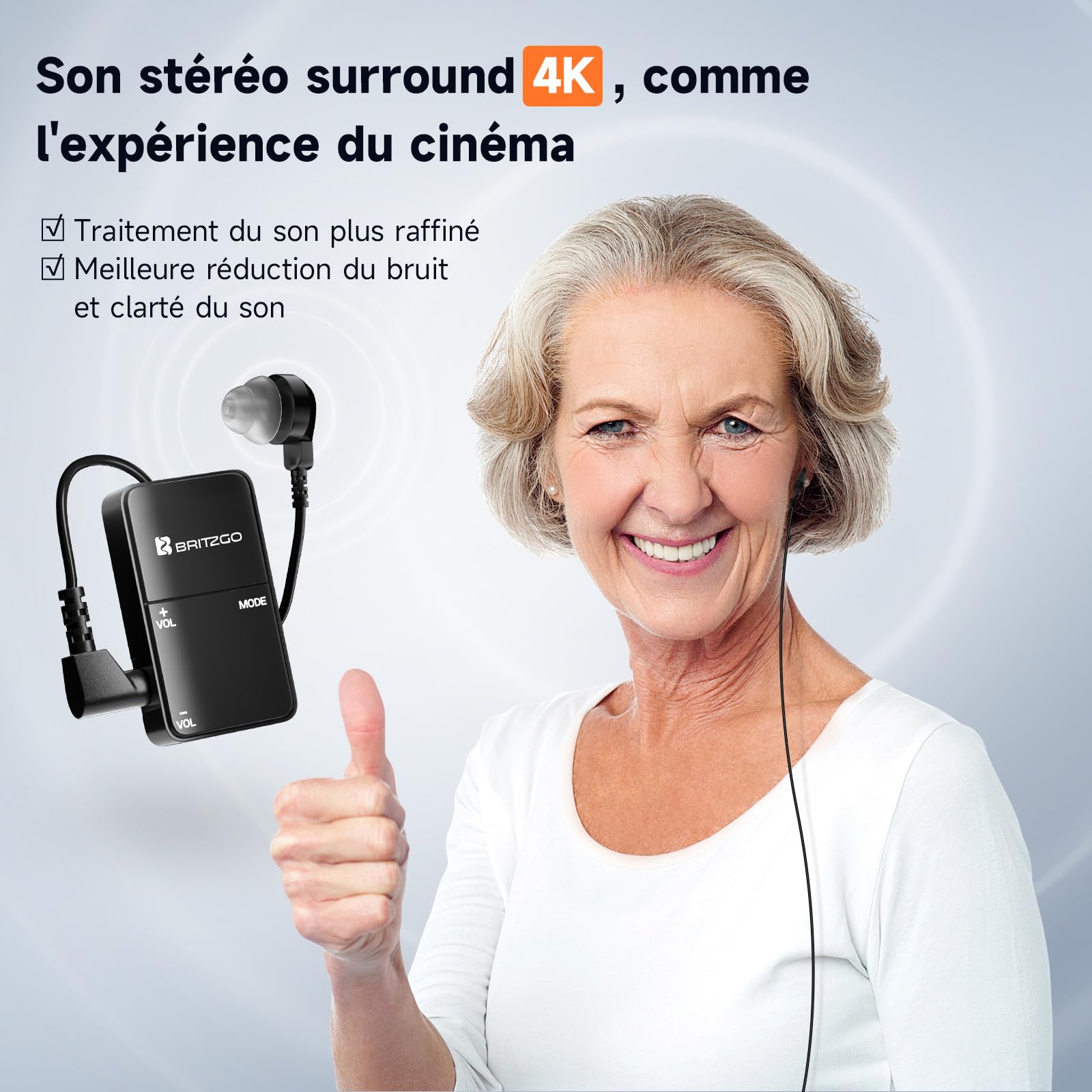 Britzgo Amplificateur de son portable pour les personnes âgées, réduction du bruit et port réglable - Parfait pour une utilisation quotidienne