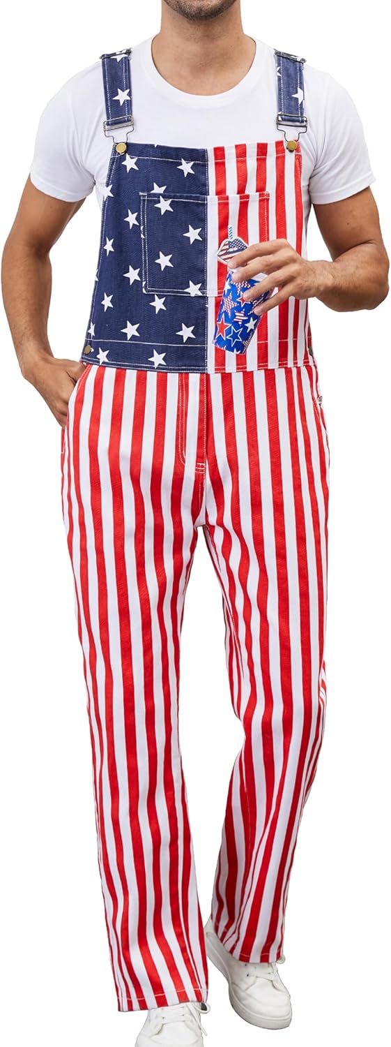 Men's American Flag Bib Overalls with Zipper Denim Romper Adjustable Straps USA One...
