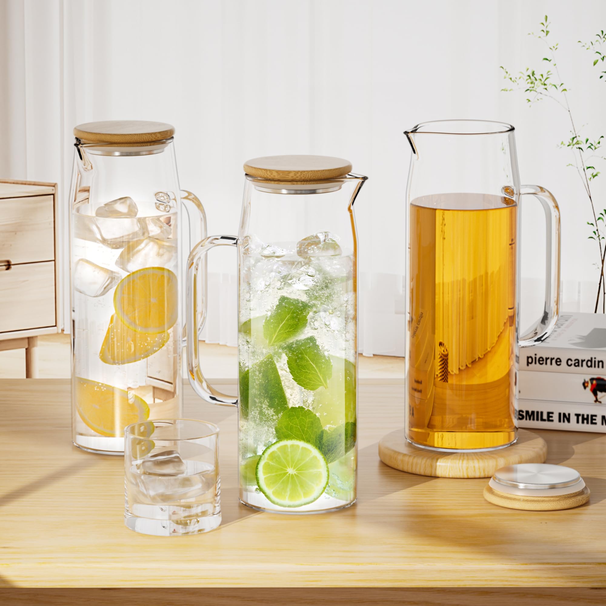3 juegos de jarra de vidrio con tapa, jarra de agua de 50 onzas / 1500 ml con asas para bebidas frías y calientes (tapa de bambú)