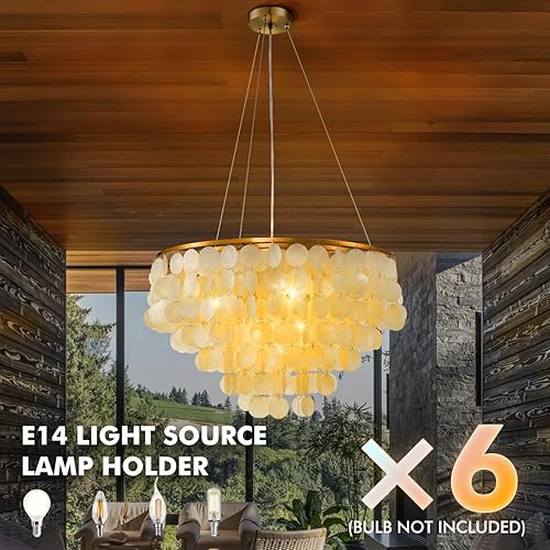 Miniatura 5 de MORE CHANGE Candelabro Capiz Shell de 24 pulgadas, moderno colgante ajustable costero de 6 luces, iluminación colgante colgante de latón antiguo,