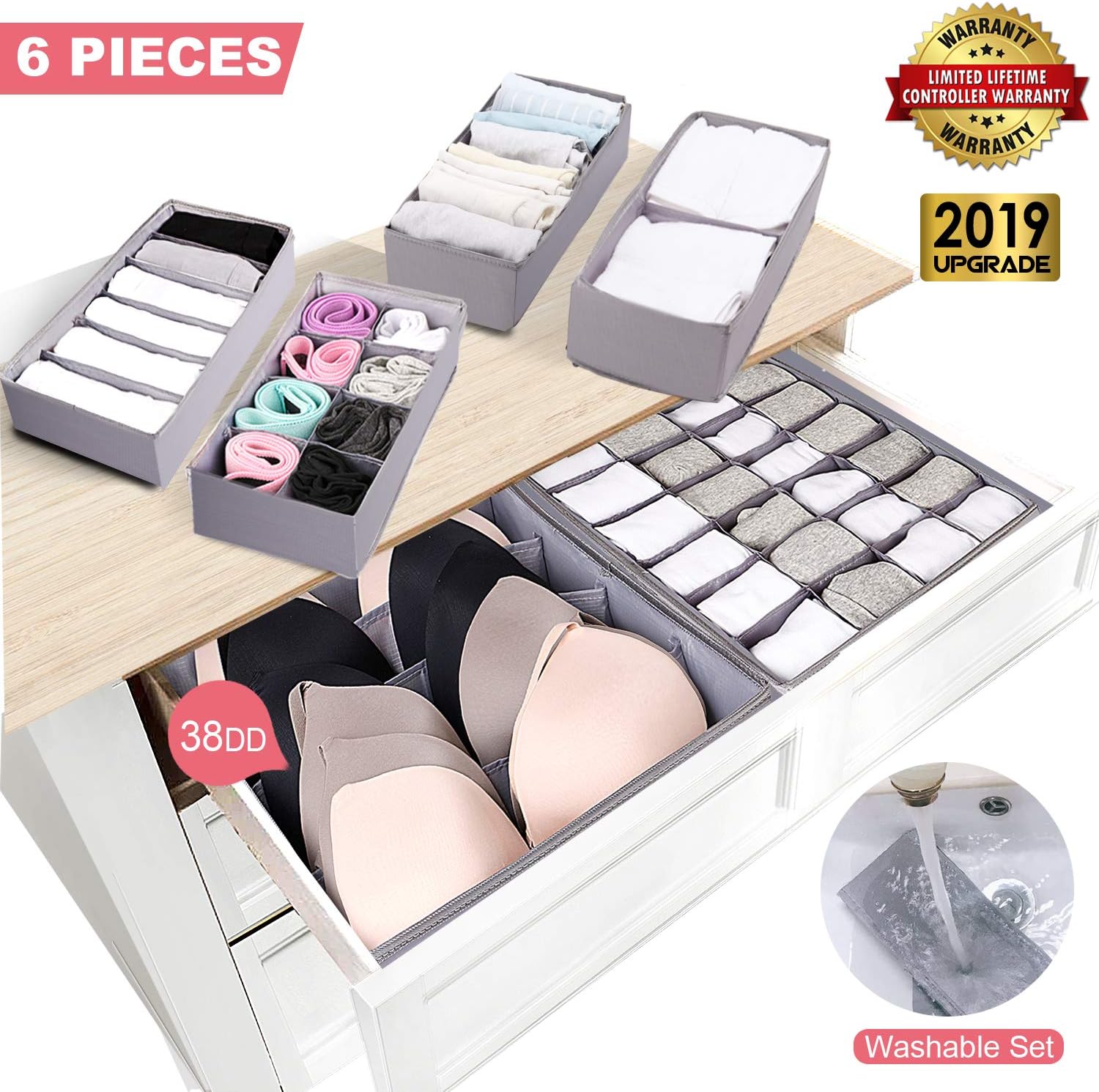 Drawer Organizer Dresser Drawer Organizer Divider Washable Large Bra Sock Underwear Tie Cloth Organizer Foldable Closet Storage Box Drawer Polyester Fabric For Baby Cloth Panties Belts Set of 6,Gray