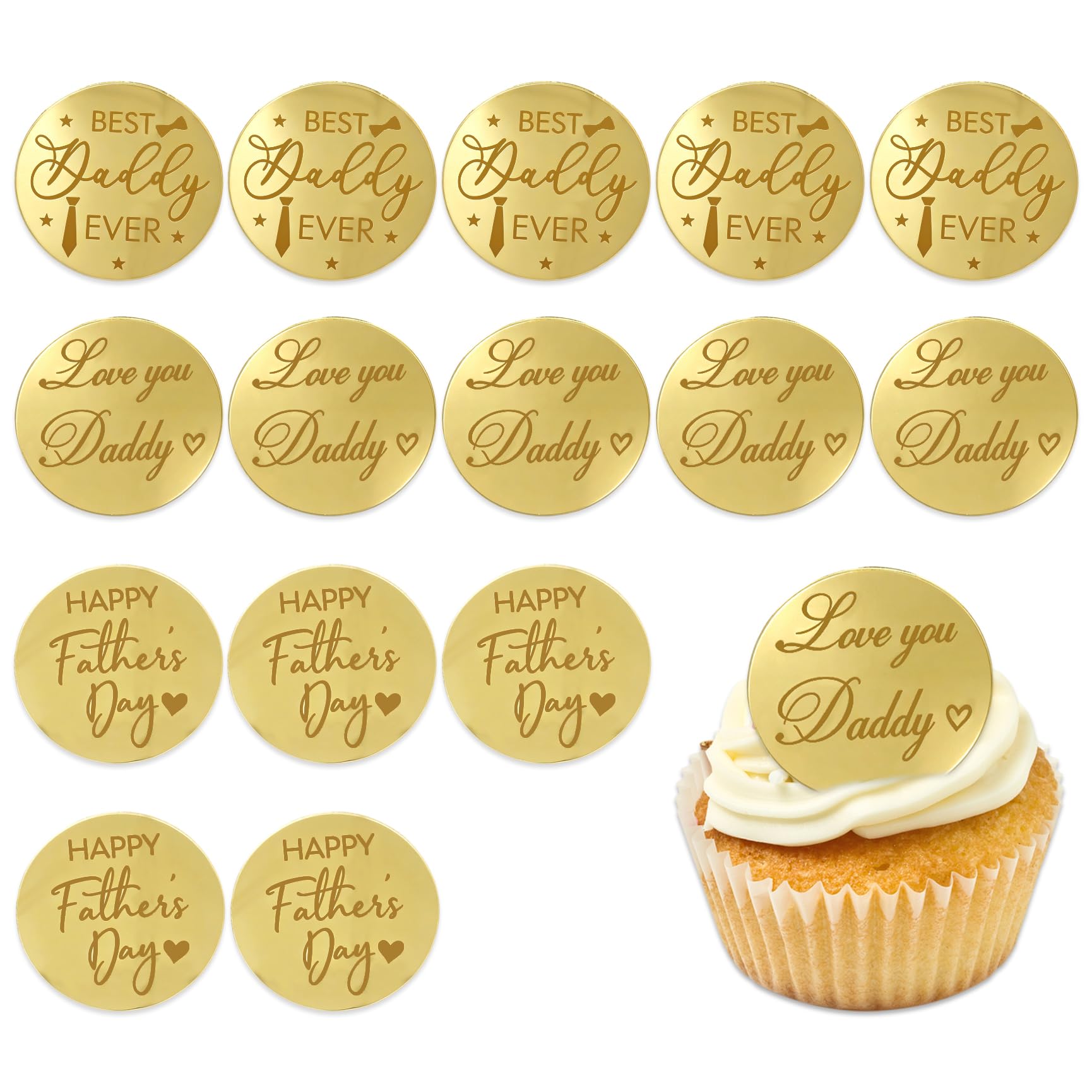 15Pcs Happy Father's Day Cupcake Topper, Mirror Round Acrylic Best Dad Cake Topper Father's Day Cupcake Decorations for Baking Dessert Decorations