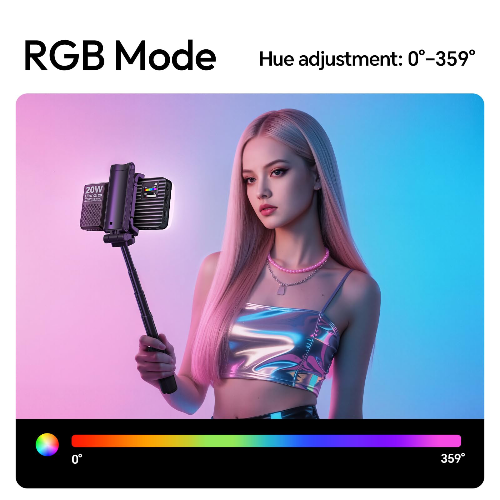 ULANZI K20 RGB Video Light, 20W Przenośny Panel Światła LED 0-360 w pełnym kolorze, CRI 95+ 1800-9000K 3300 mAh Akumulator LED Oświetlenie wideo Do Vlogowania, Fotografia