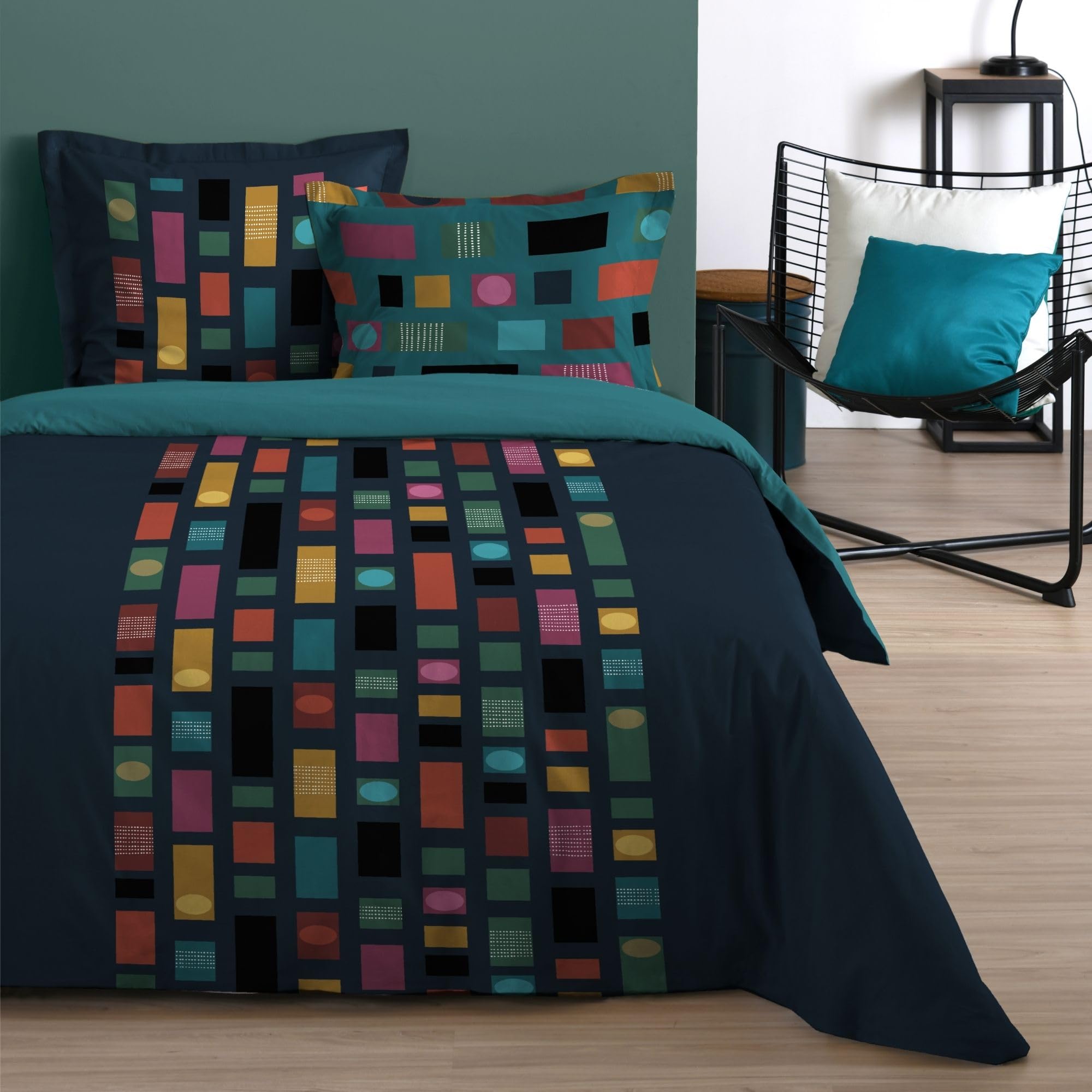 Housse de couette 240x220 cm 100% coton 42 fils Brooklyn bleu 2 taies