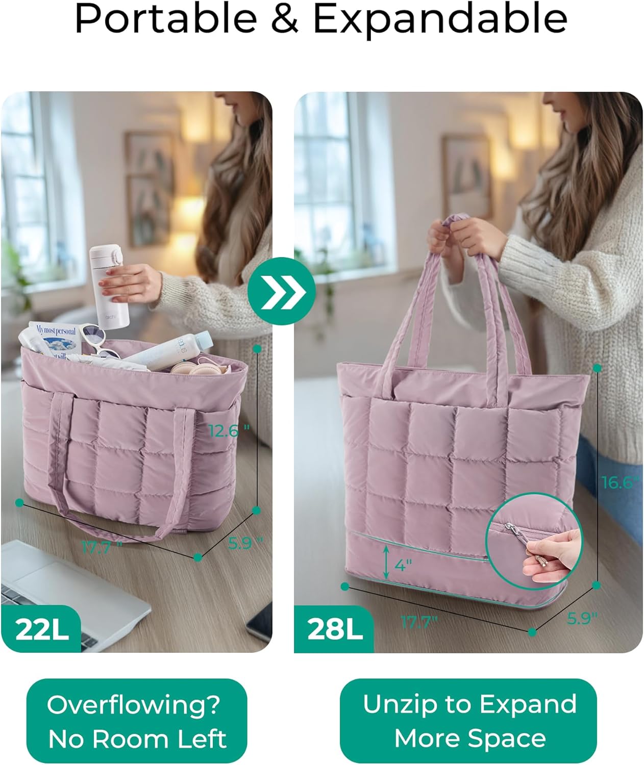BAGSMART Expandable Tote Bag for Women, Puffer Work Tote Handbag, Quilted Carry On Bag for Travel Gym - Image 8
