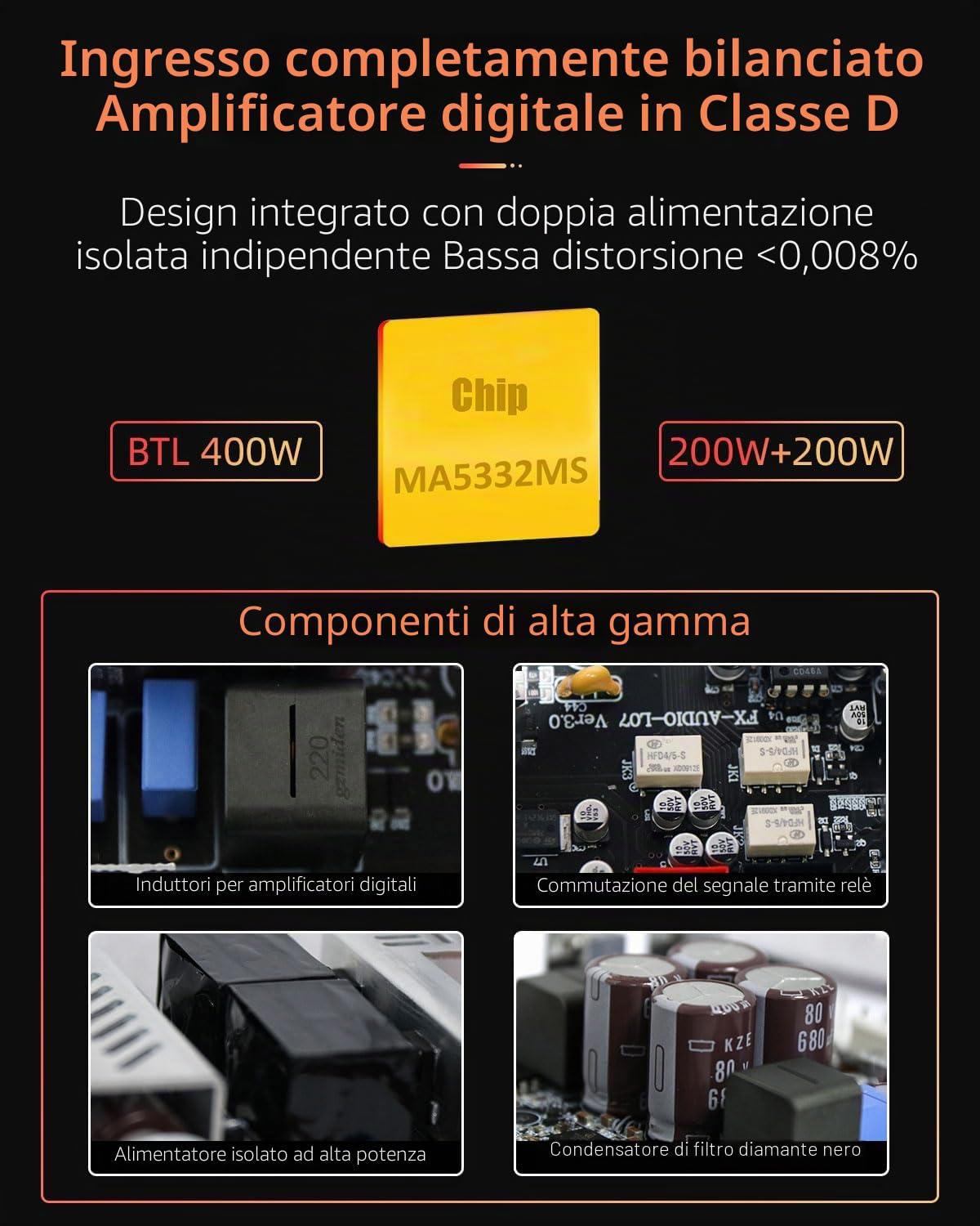 FX-Audio L07 Stereo Amplificatore 200W x2 MA5332MS 2 Canali Classe D Power Hi-Fi Fully Balanced BTL 400W for Passive Bookshelf Desktop Home Speakers
