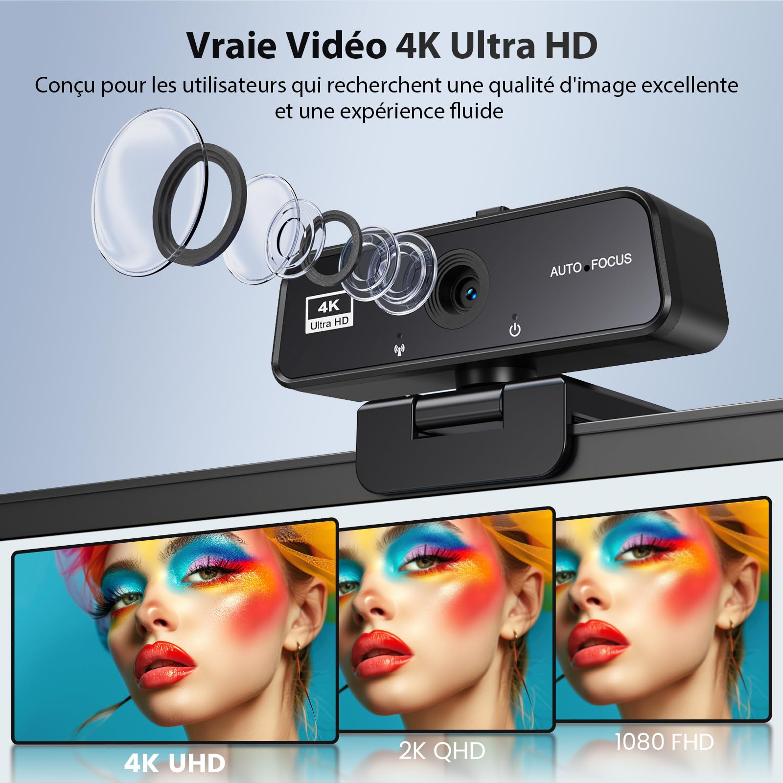 Webcam 4K UHD Autofocus - Caméra USB PC 8MP avec Micro Anti-Bruit Rotatif 360° Socle Ajustable pour Youtube Streaming Skype Appel Vidéo Zoom Plug-and-Play Windows MacOS Linux