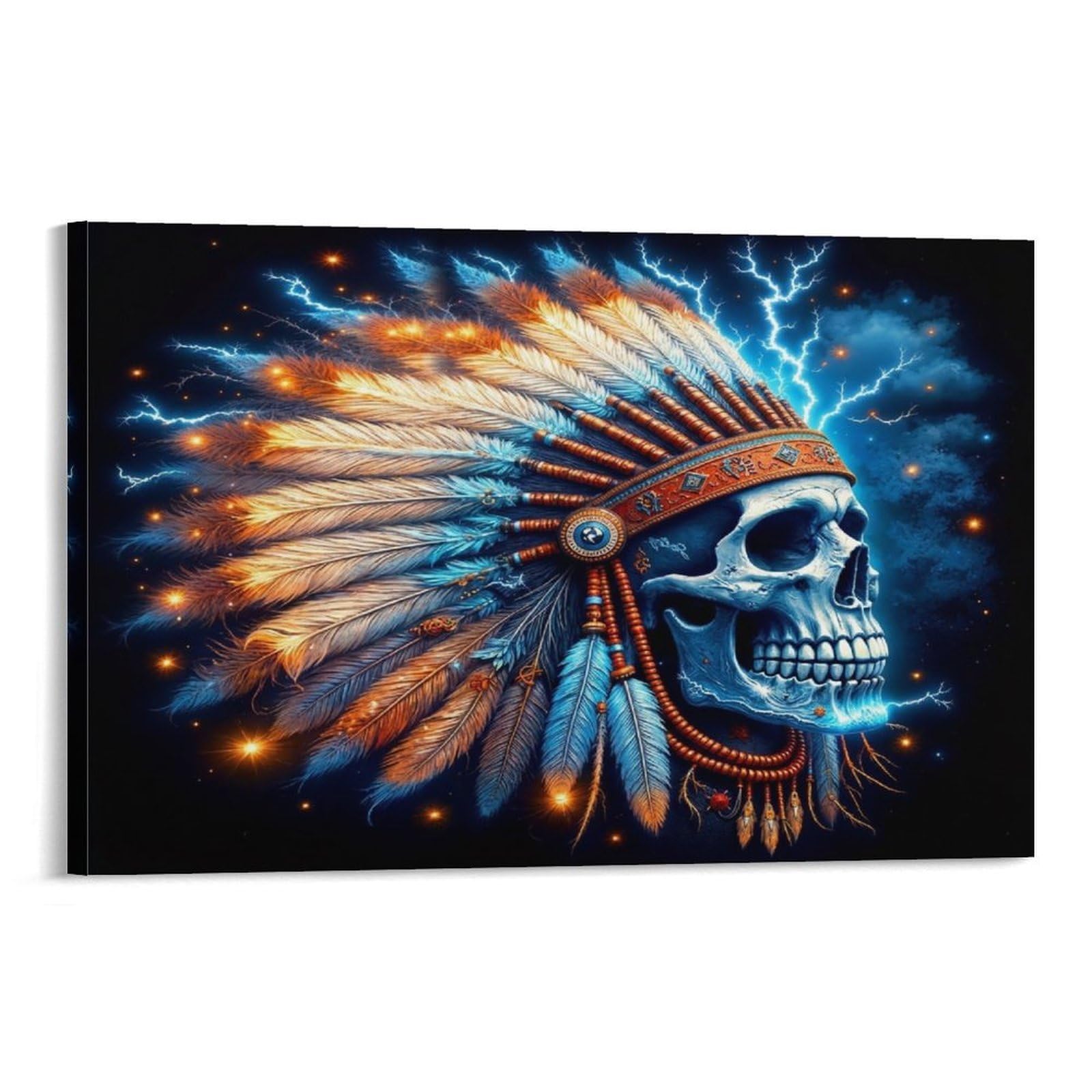 CPLVKWRQJ Skull Feather Headdress 1 Piece Indian Skull Feather Headdress Lightning Night Sky Canvas Print - Office Wall Art Fade Resistant Wall Focal Art Statement Piece 20x30inch(50x75cm)