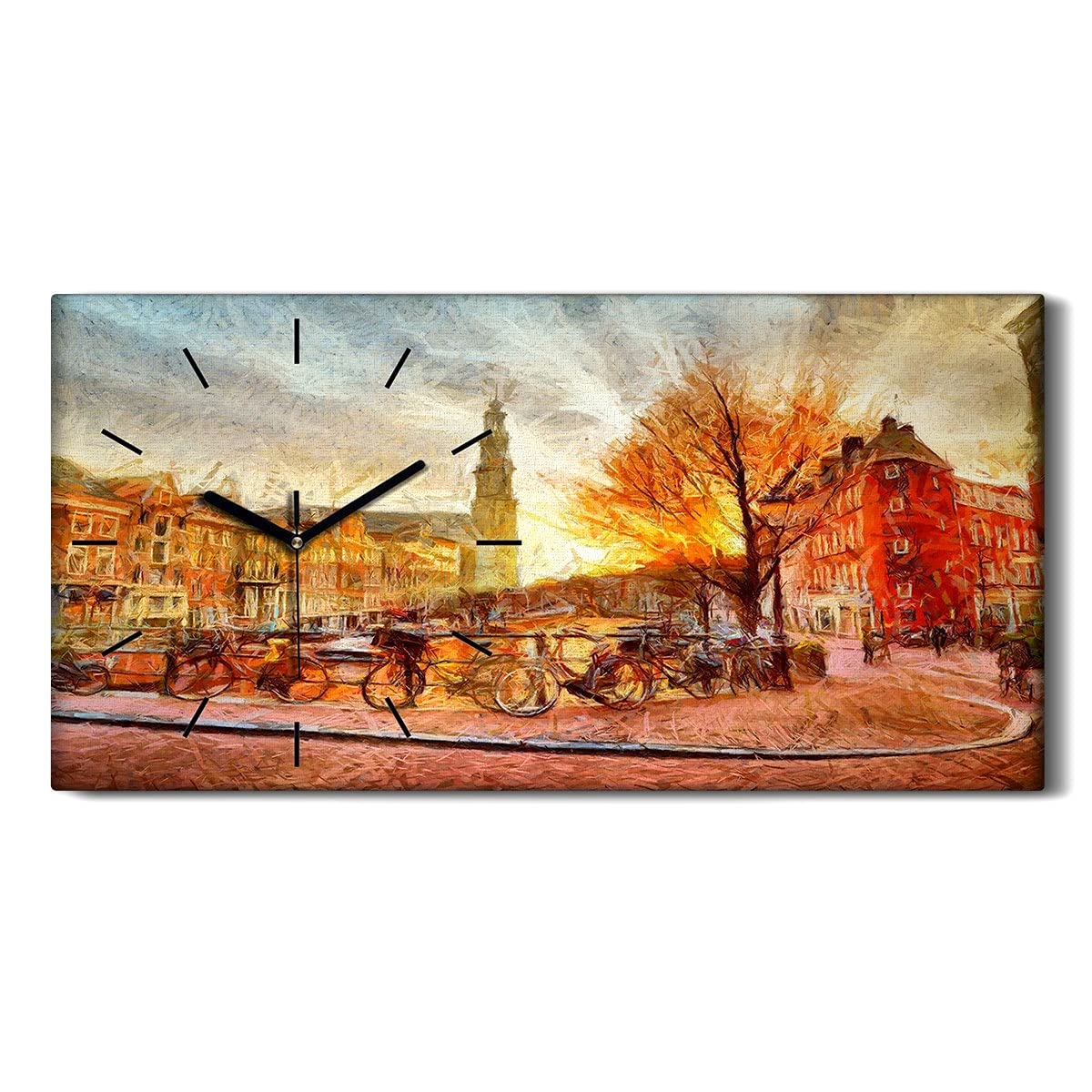 Horloge sur toile 60x30cm motif canal d'Amsterdam pour décoration murale de salon