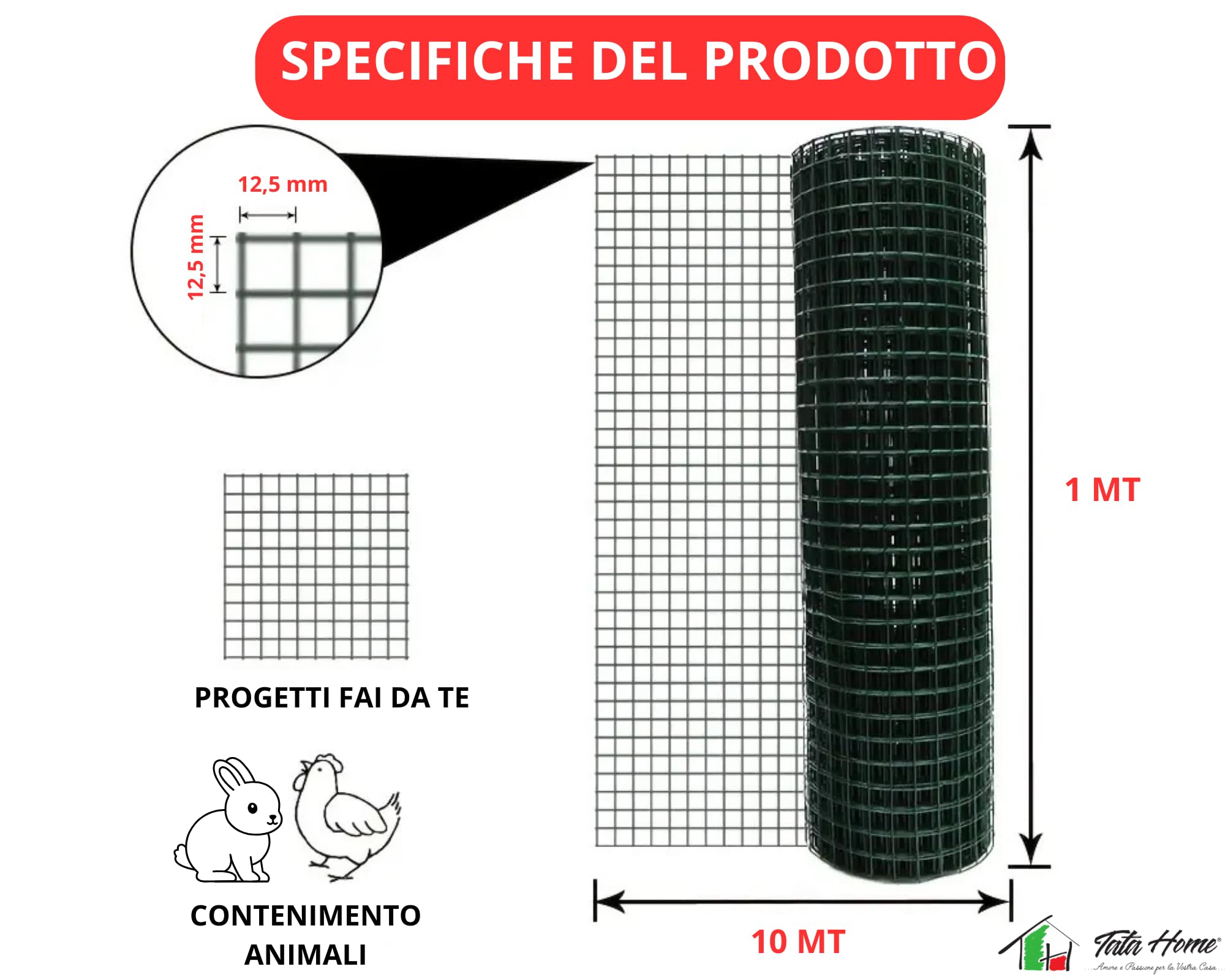 Rete Metallica Plastificata Verde Elettrosaldata Rete Per Recinzioni Maglia Stretta Quadra 12,5x12,5 mm per Voliere Gabbie Uccelli Orti e Giardino Misura 1 X 10 MT