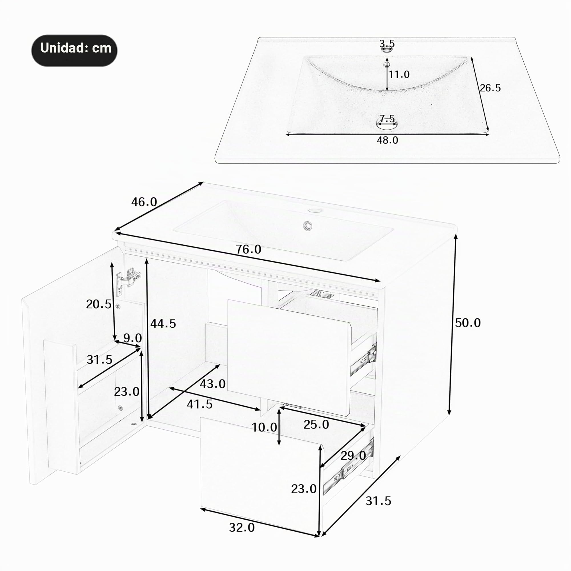 76 x 46 x 50 cm. Mueble de baño de pared, totalmente lacado, iluminación con sensor de radar LED, lavabo, dos cajones, lavabo integrado, blanco (76 x 46 x 50 cm)