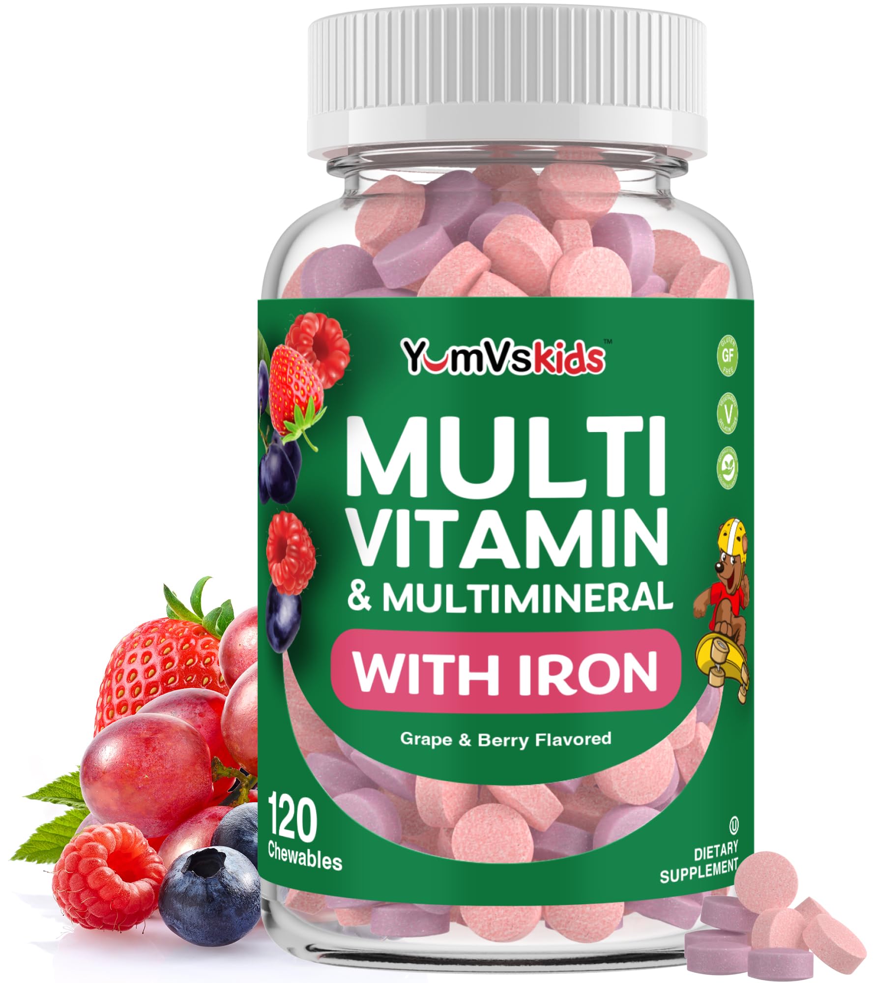 YumVs Kids Multivitamin with Iron & Minerals Chewable Tablets – Grape & Berry Flavor Vitamins for Toddlers & Children Age 2+ – Daily Multivitamin for Immune Support – Kosher, Non-GMO – 120 Chewables