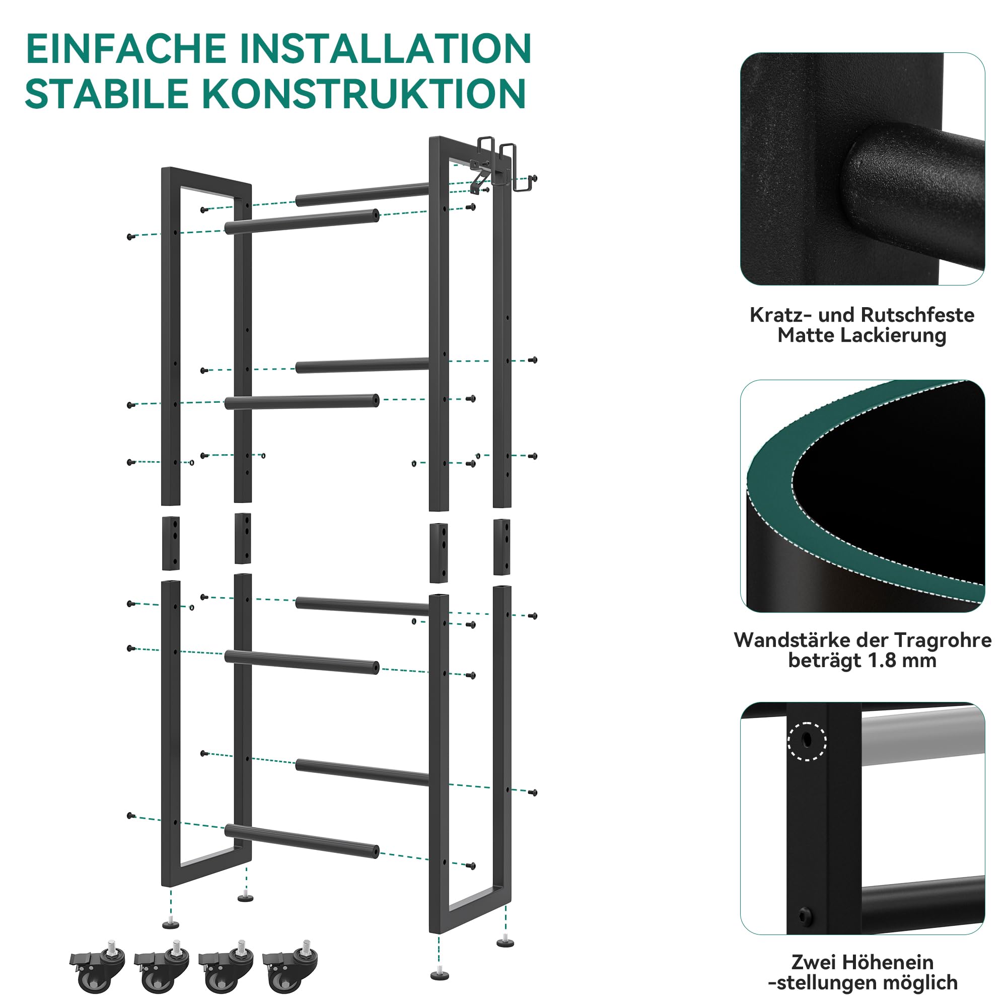 YITAHOME Krattenrek voor 4 kratten met industriële wielen en verstelbare poten, versterkt metaal, krasbestendige lak, bierkratrek incl. flesopener en alle gereedschappen, 75 x 90 x 32 cm