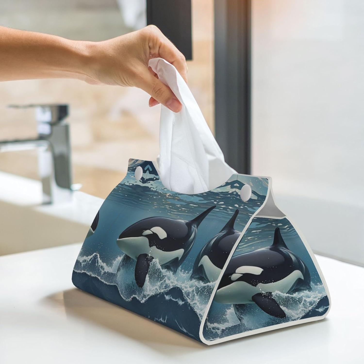 Decorative Tissue Box Cover Orca Killer Whale Tissue Box Holder Aesthetic Leather Storage Organizer Box for Bathroom Vanity Tabletop Night Stands Office Funny Home Decorative Tissue Case image 5