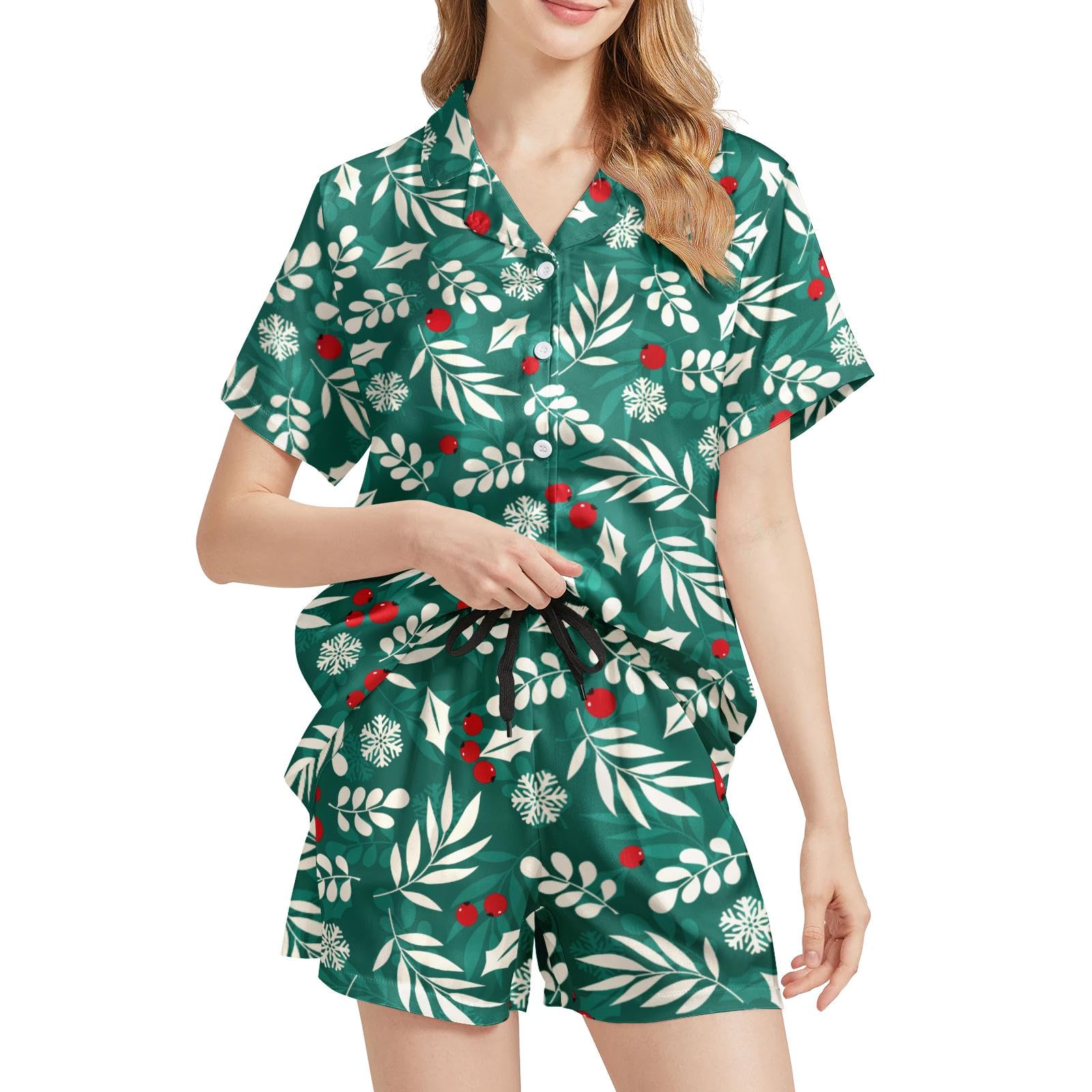 Funny Pajamas for Women Set Print Satin Loungewear Pjs Short Sleeve Button Down Top and Shorts Sets Sleepwear XS-3XL