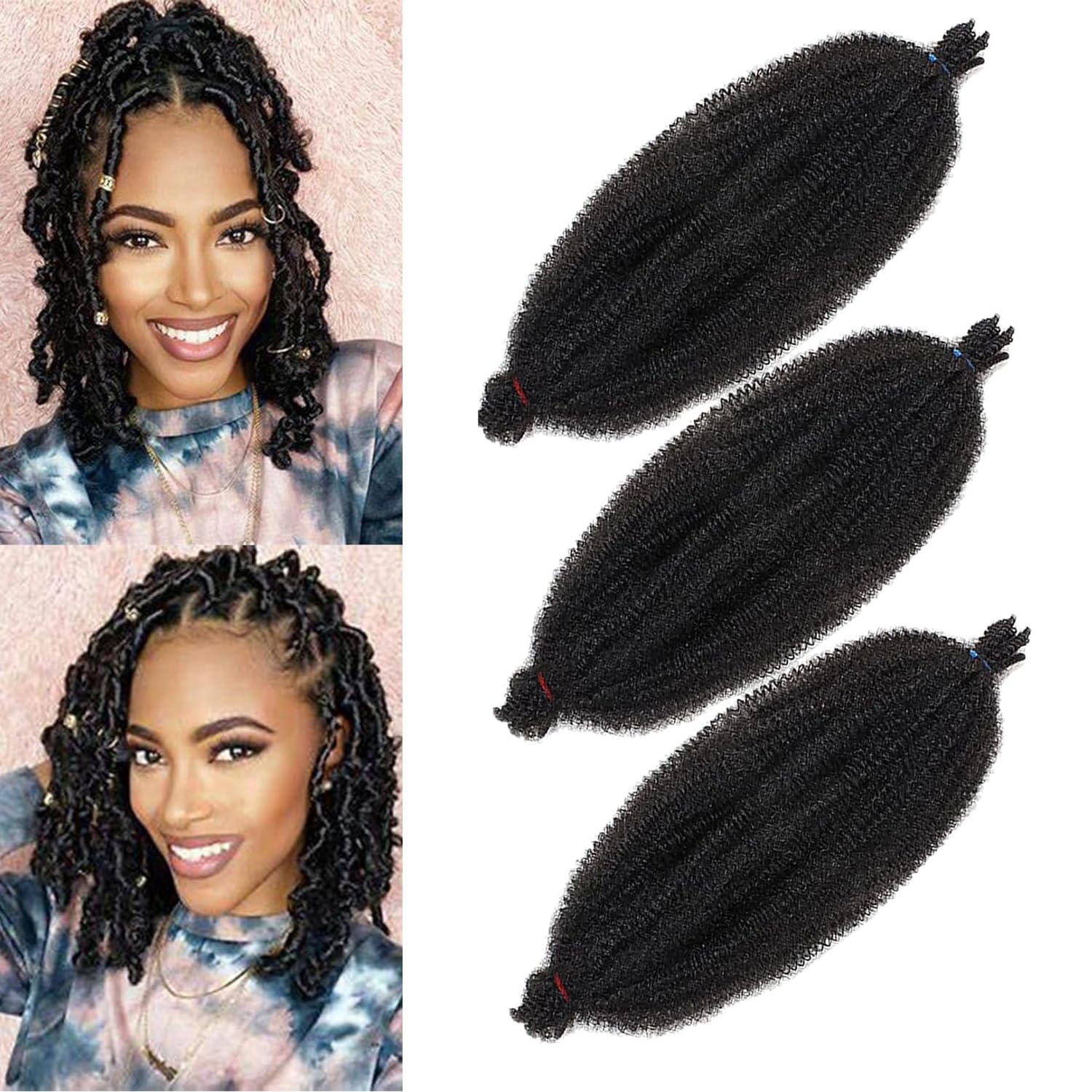 Mscat 12 Inch 3 Packs Pre-Separated Springy Afro Twist Hair for Black Marley Twist Crochet Braiding Synthetic Hair Extensions (8 Strands/Pack,1B#)