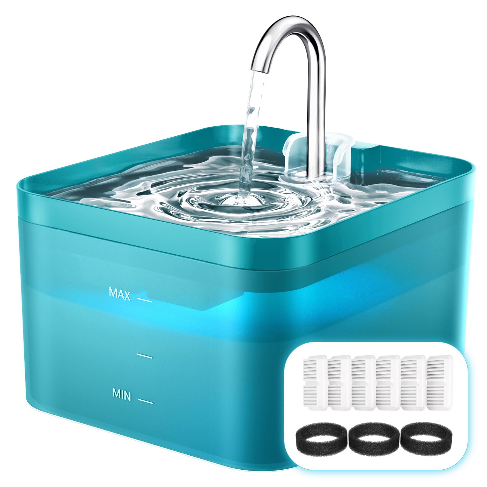 Fontana per gatti, filtro ai carboni attivi mantiene l'acqua pulita, design del rubinetto, anti sputtering, adatto per tutti i tipi di gatto (Verde-2.2L-6 Filtro + 3 Spugna)