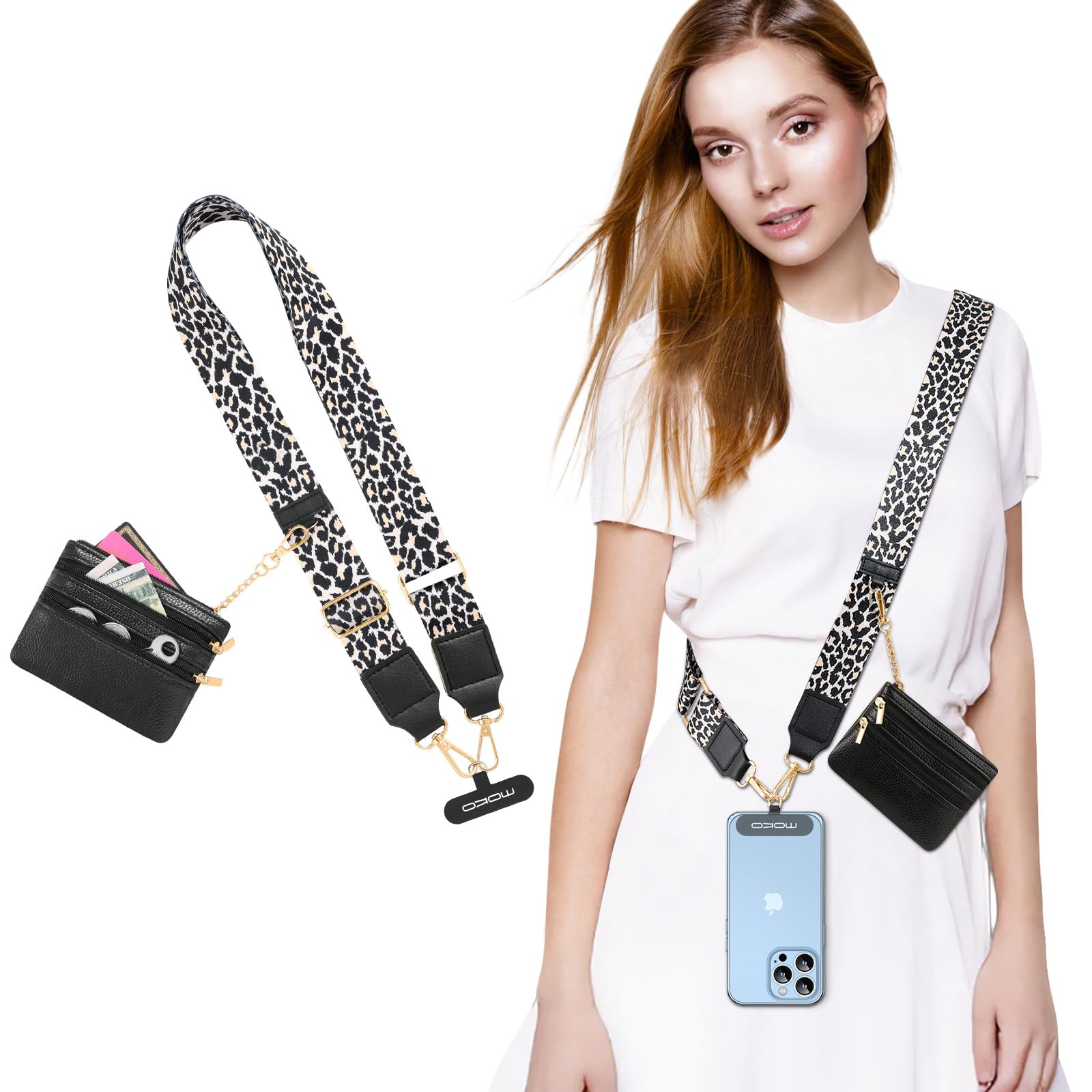 MoKo Universal Phone Lanyard, Clip and Go Strap Crossbody with Detachable Zipper Wallet Pouch, Adjustable Phone Lanyard Crossbody Around The Neck with Patches for iPhone, Samsung, Leopard