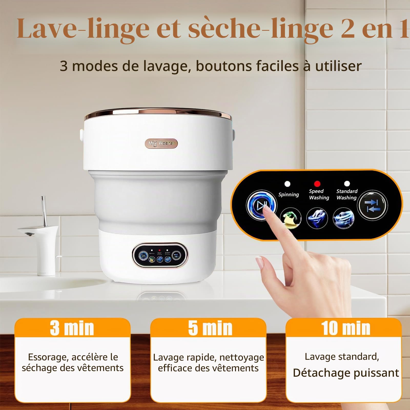 Machine à laver portable, mini laveuse pliable de 15 L avec 3 modes de nettoyage, panier de vidange, petite machine à linge pliable pour voyage, camping, dortoirs, camping-cars, appartements