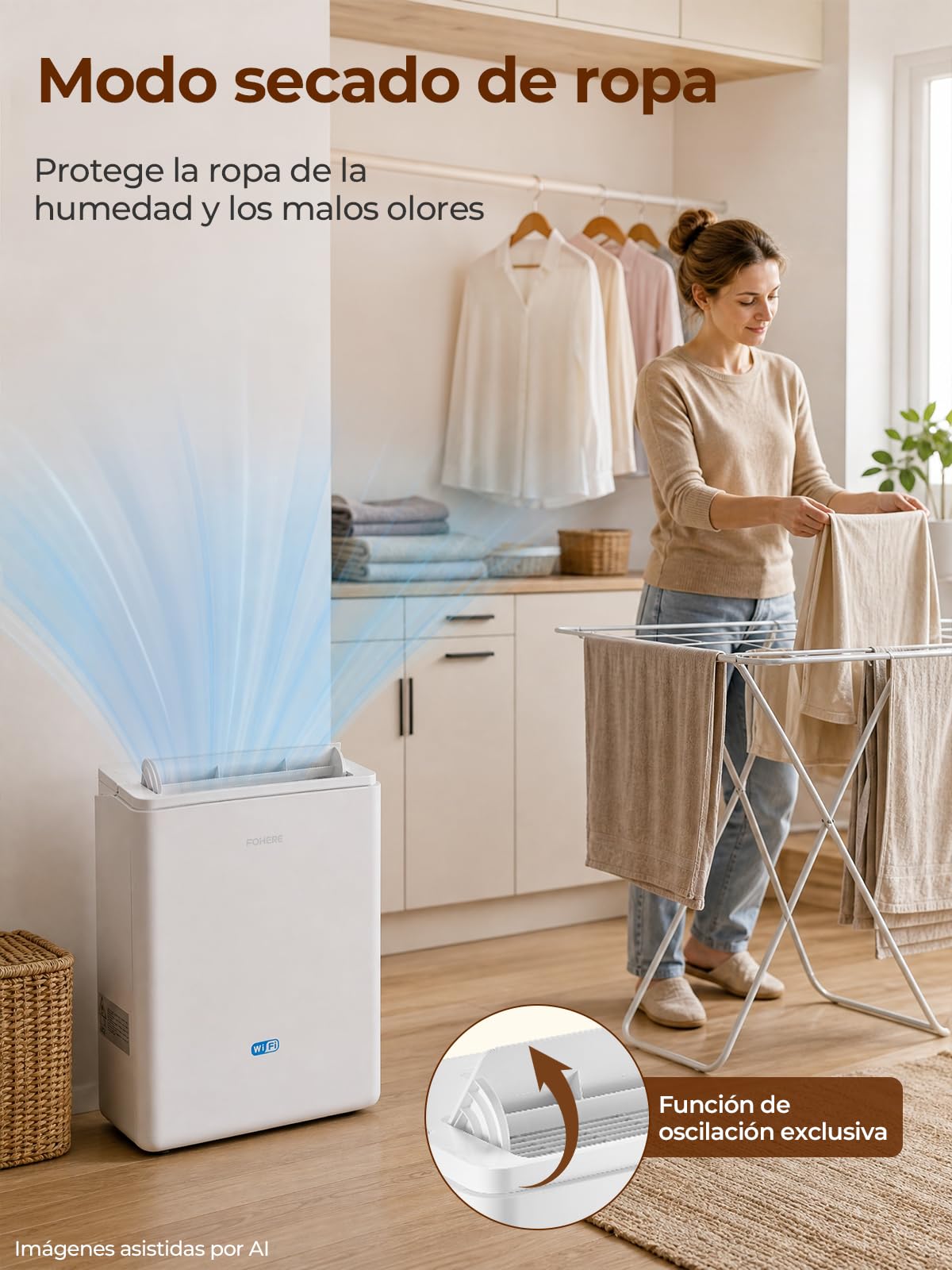 FOHERE Deshumidificador de aire Inteligente WiFi 20L/24H, Deshumidificador para Habitaciones hasta 50m², Gran Depósito 4,2L y Manguera, Oscilación, Secado de Ropa, Temporizador 24H Antimoho
