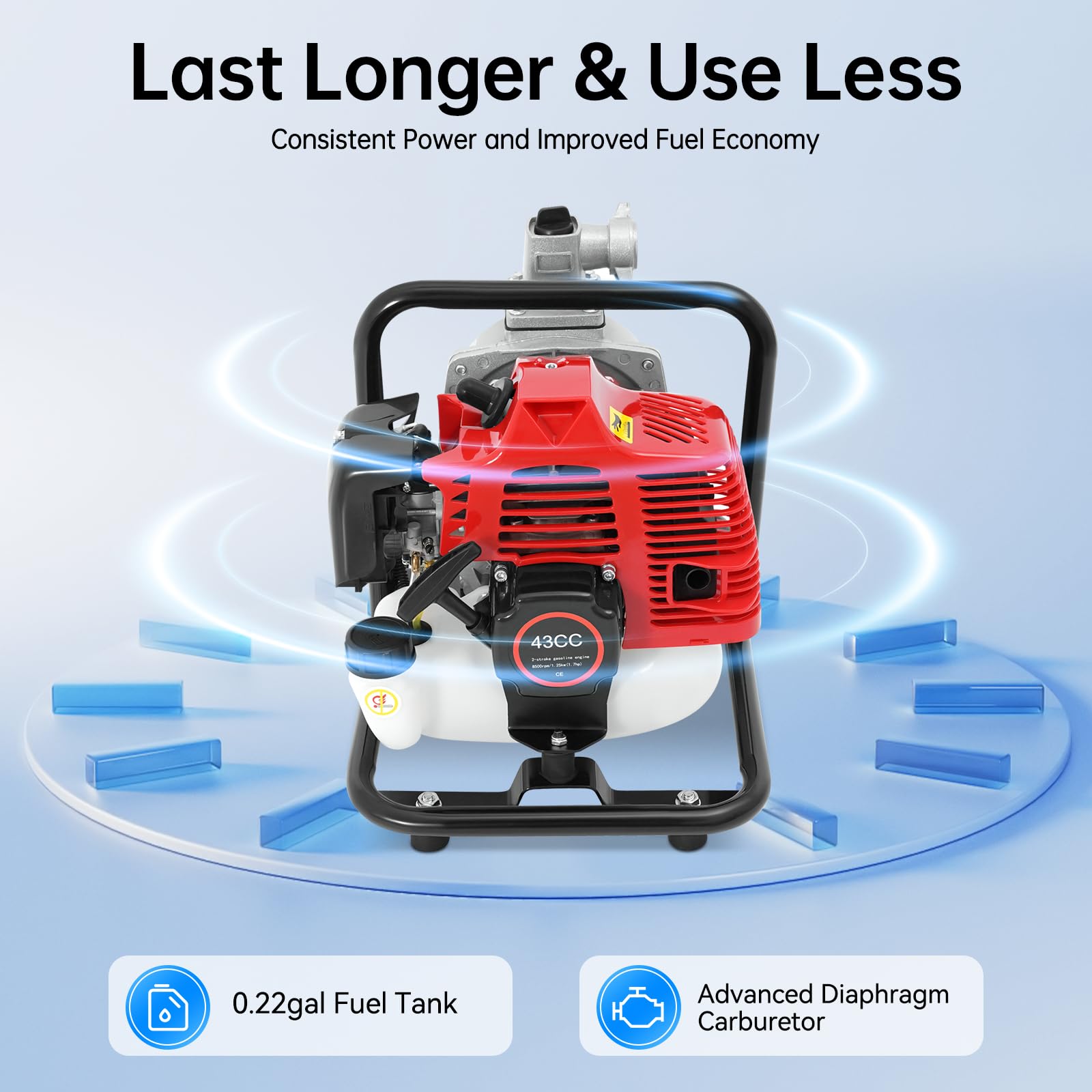 Bomba de agua de gasolina de 43 cc, motor de 2 tiempos de 1,7 CV, bomba de agua portátil de 1,25 kW, caudal de 10 m³/h, altura máxima de extracción de 30 m, 8500 rpm