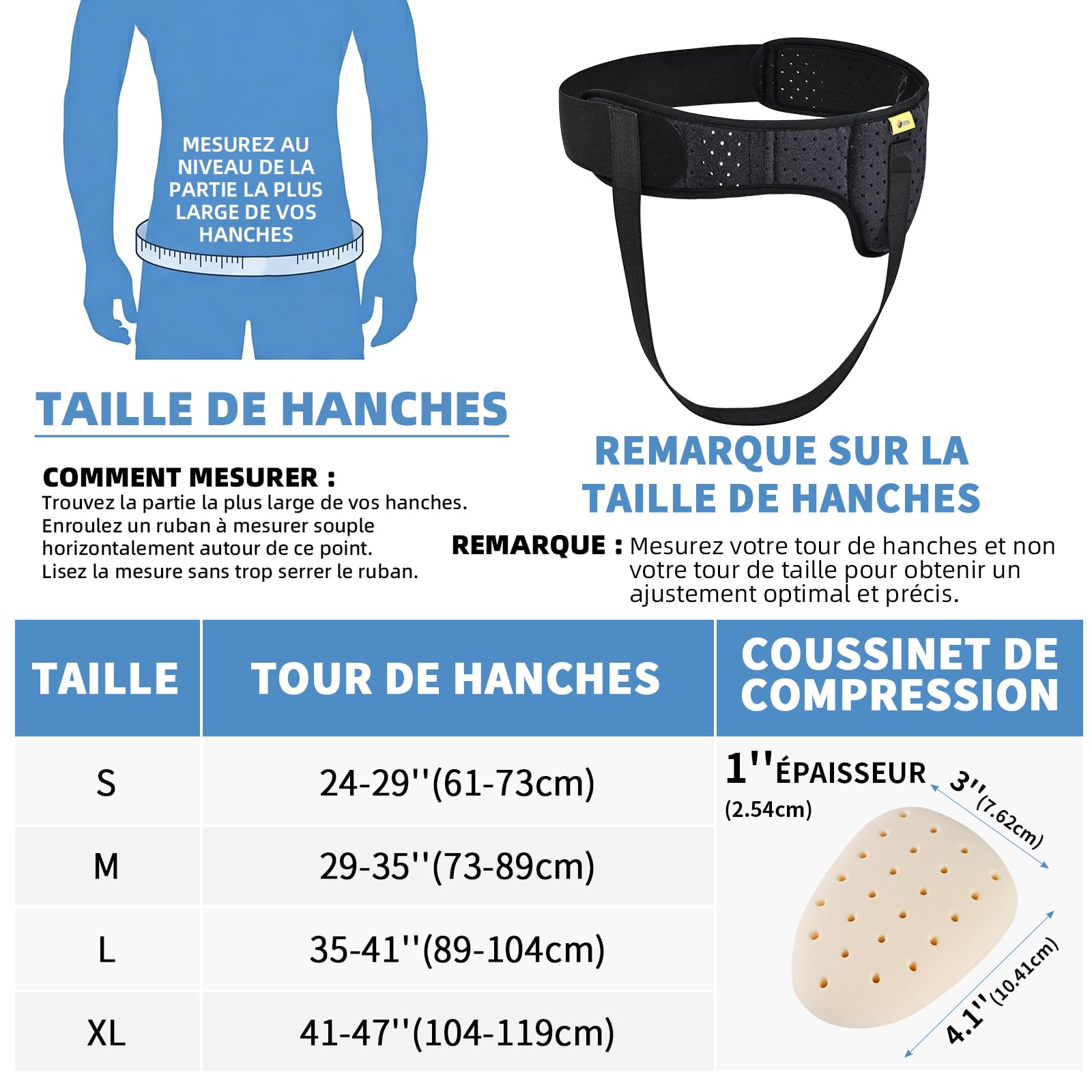 Tenbon Ceinture herniaire pour homme et femme Ceinture herniaire réglable flexible Soutien herniaire Soulagement de la douleur avec coussinets de compression amovibles Hernie (Black, M)